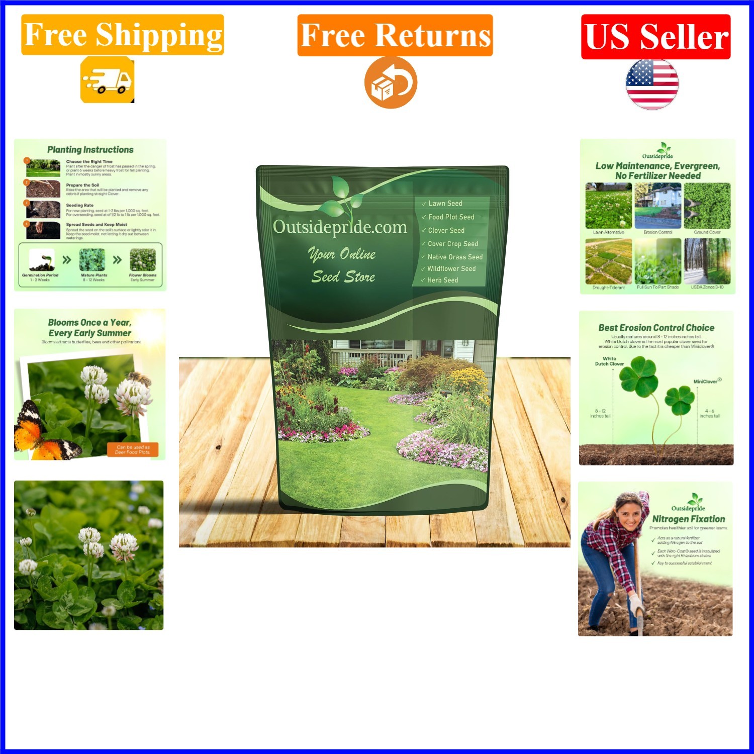 White Dutch Clover Seed, 1 lb, Nitrogen-Fixed, Erosion Control, USDA Zones 3-10