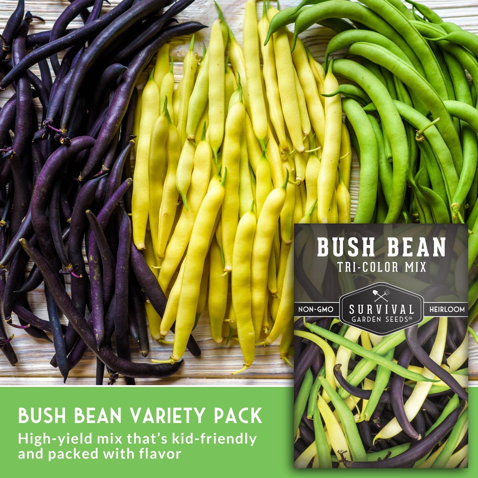Heirloom Bush Bean Seeds Mix – Green, Yellow Wax, Purple – Non-GMO, High Yield
