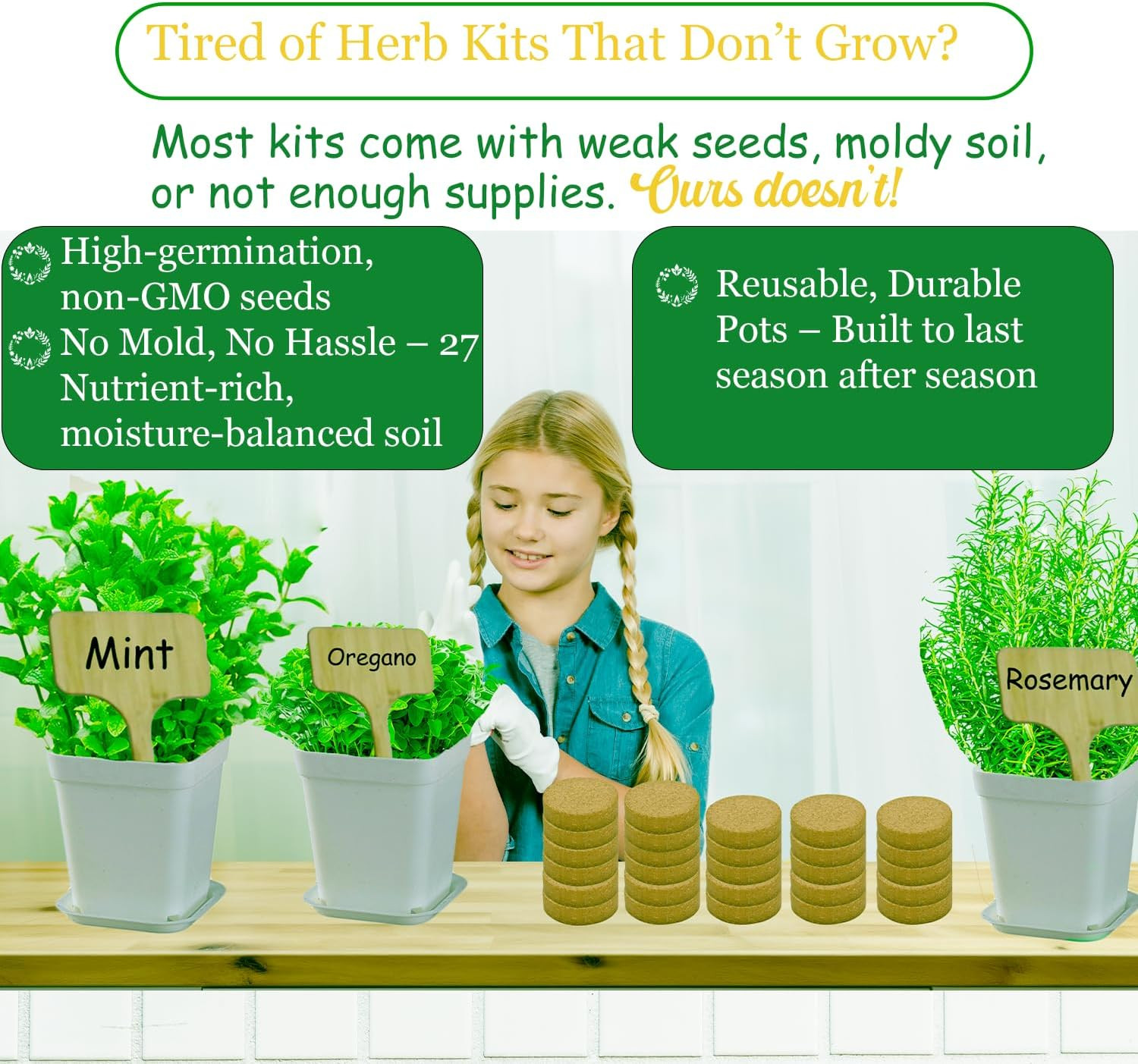 Indoor Herb Garden Kit, 9 Non-GMO Seeds with Reusable Pots, Planter – DIY Grow K