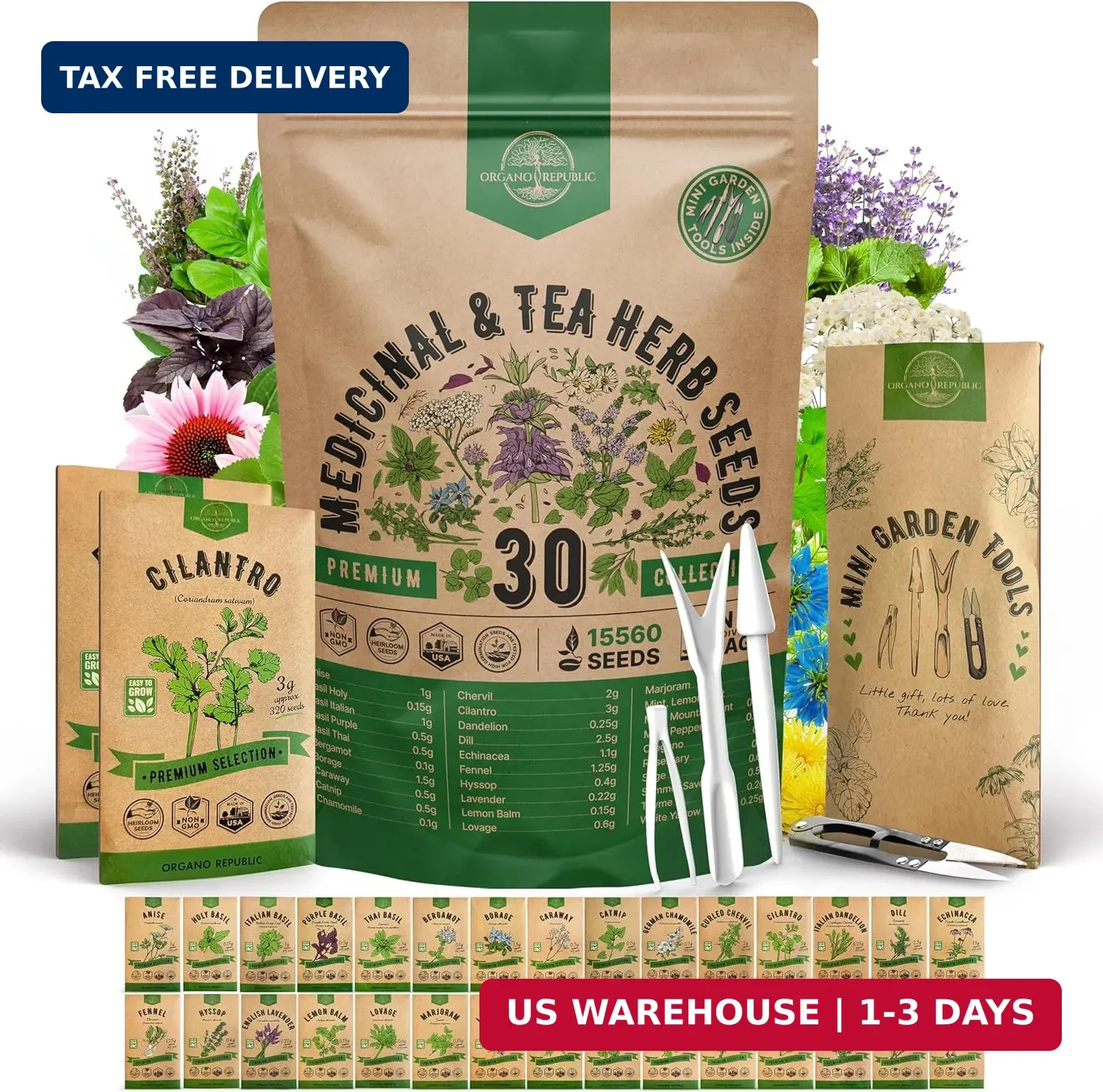 Organo Republic 30 Medicinal & Tea Herb Seeds Variety Pack 15,560+ Non-GMO Heirl
