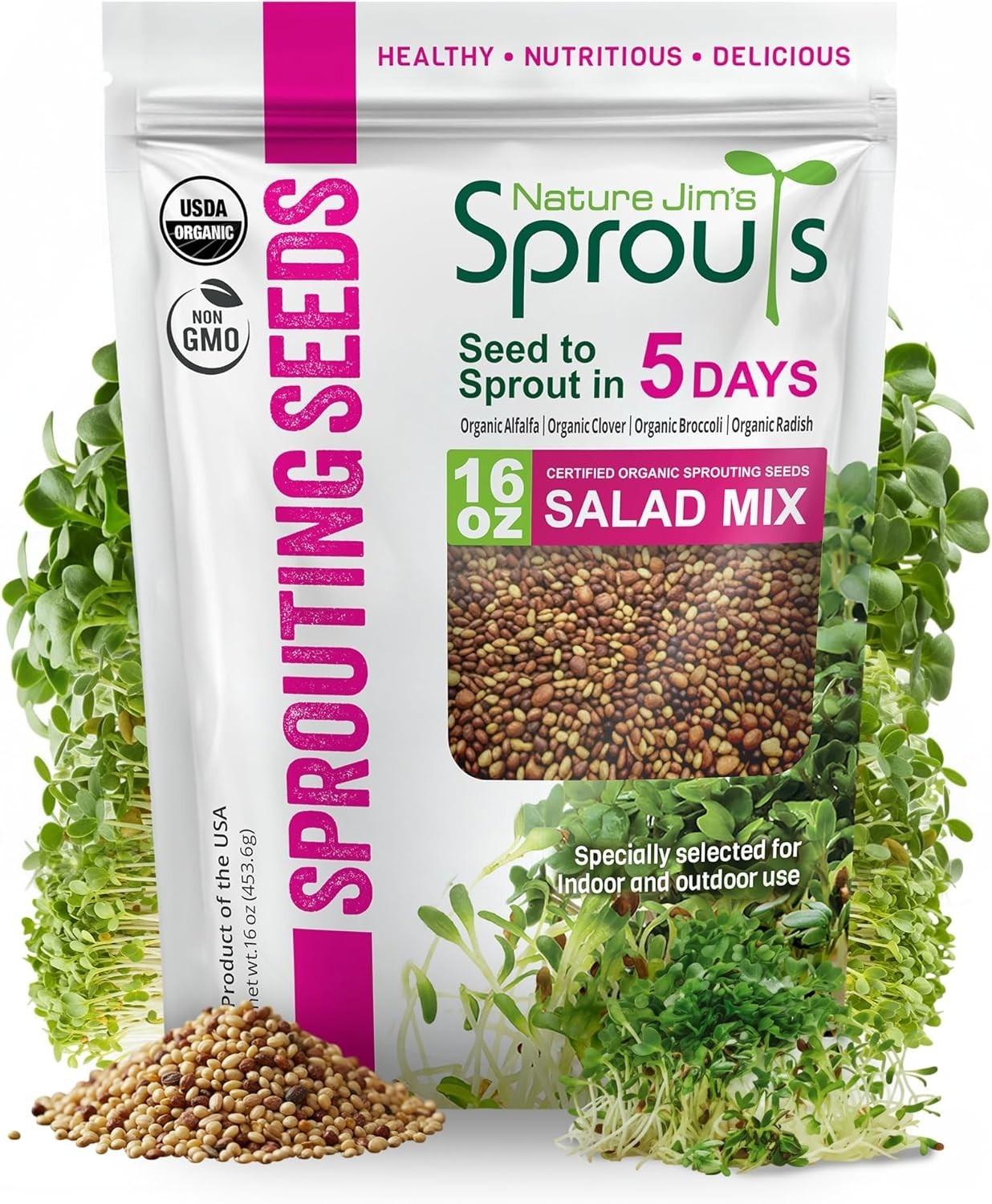 Home Sprouting Made Easy: Nature Jim’s 1lb Organic Salad Seed Mix – 4 Varieties