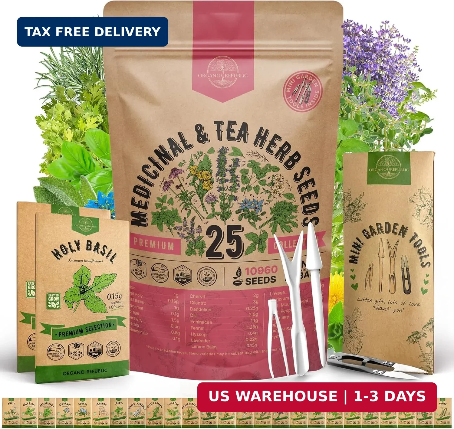 Organo Republic 25 Medicinal & Tea Herb Seeds Variety Pack for Indoor & Outdoors