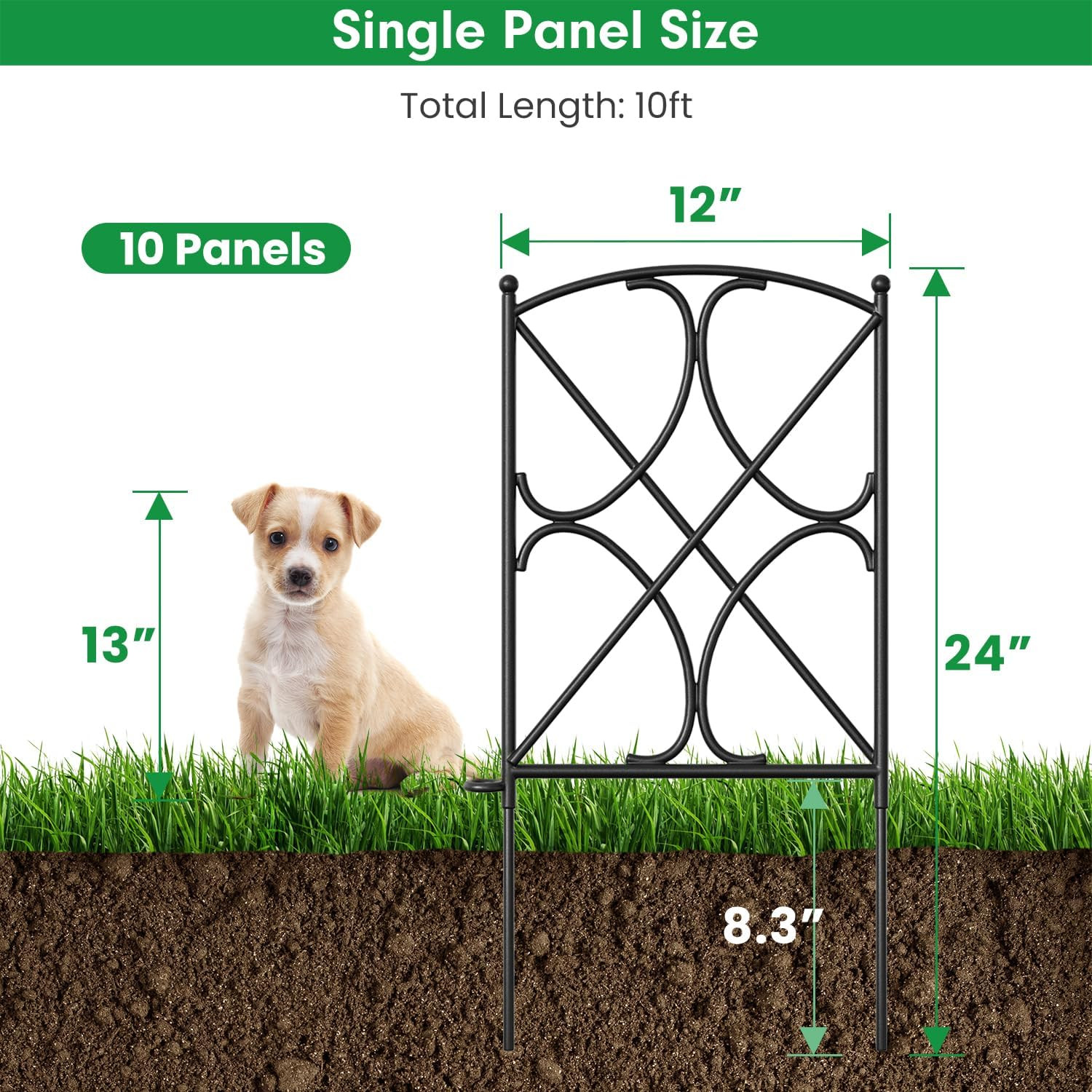 10 Panels Decorative Metal Garden Fence 24″H x 10’L for Dogs & Borders