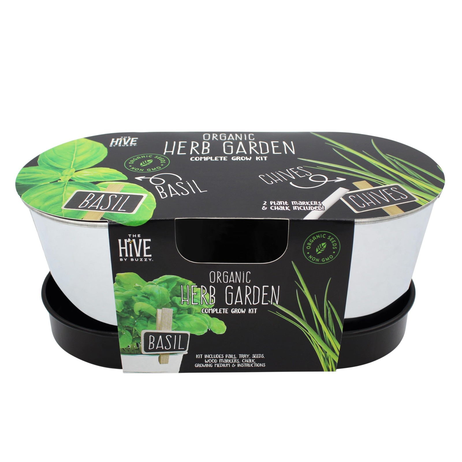 BUZZY Seeds Kitchen Herb Garden Kit with 2-Pot Metal Planters with Plant Mark…