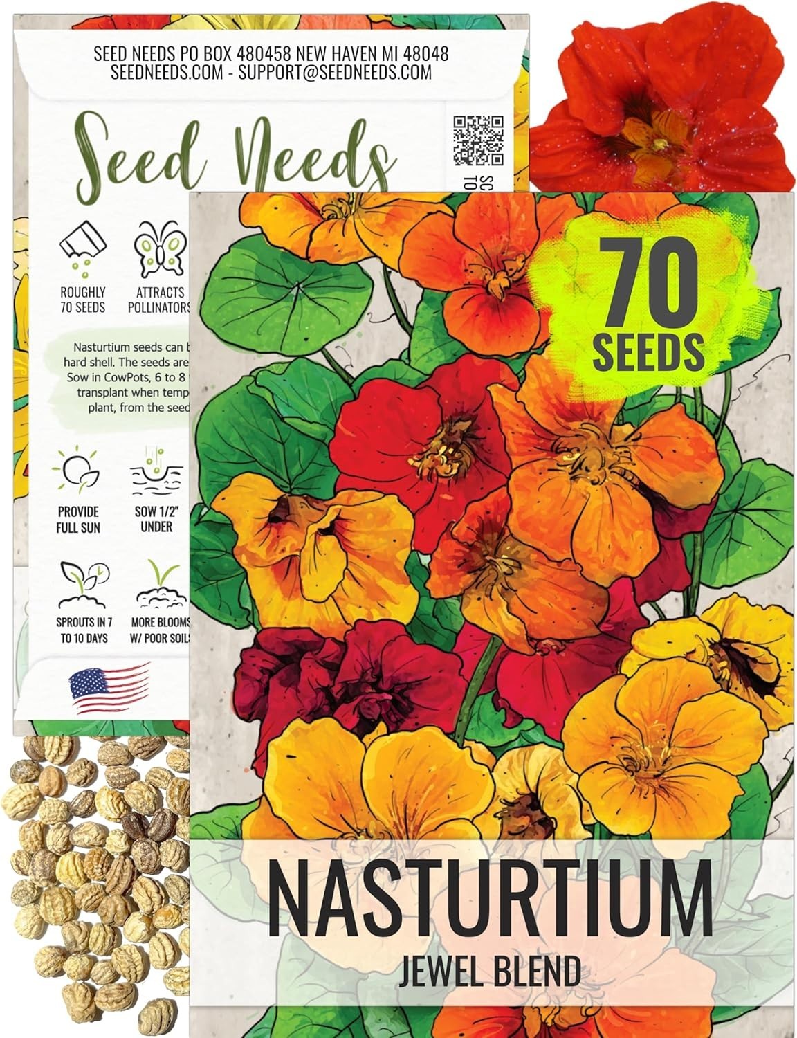 Vibrant Jewel Blend Nasturtium Seeds – Edible, Butterfly-Friendly, 70 Count Pack