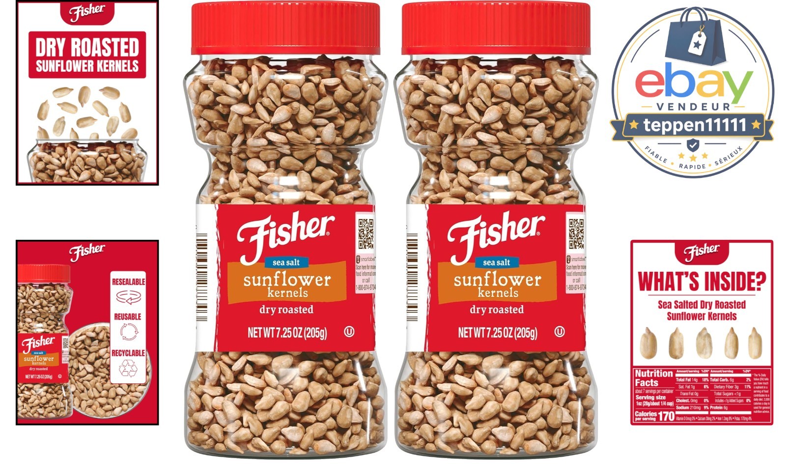 Fisher Dry Roasted Sunflower Seeds 7.25 oz Pack of 2 Gluten-Free Snacks