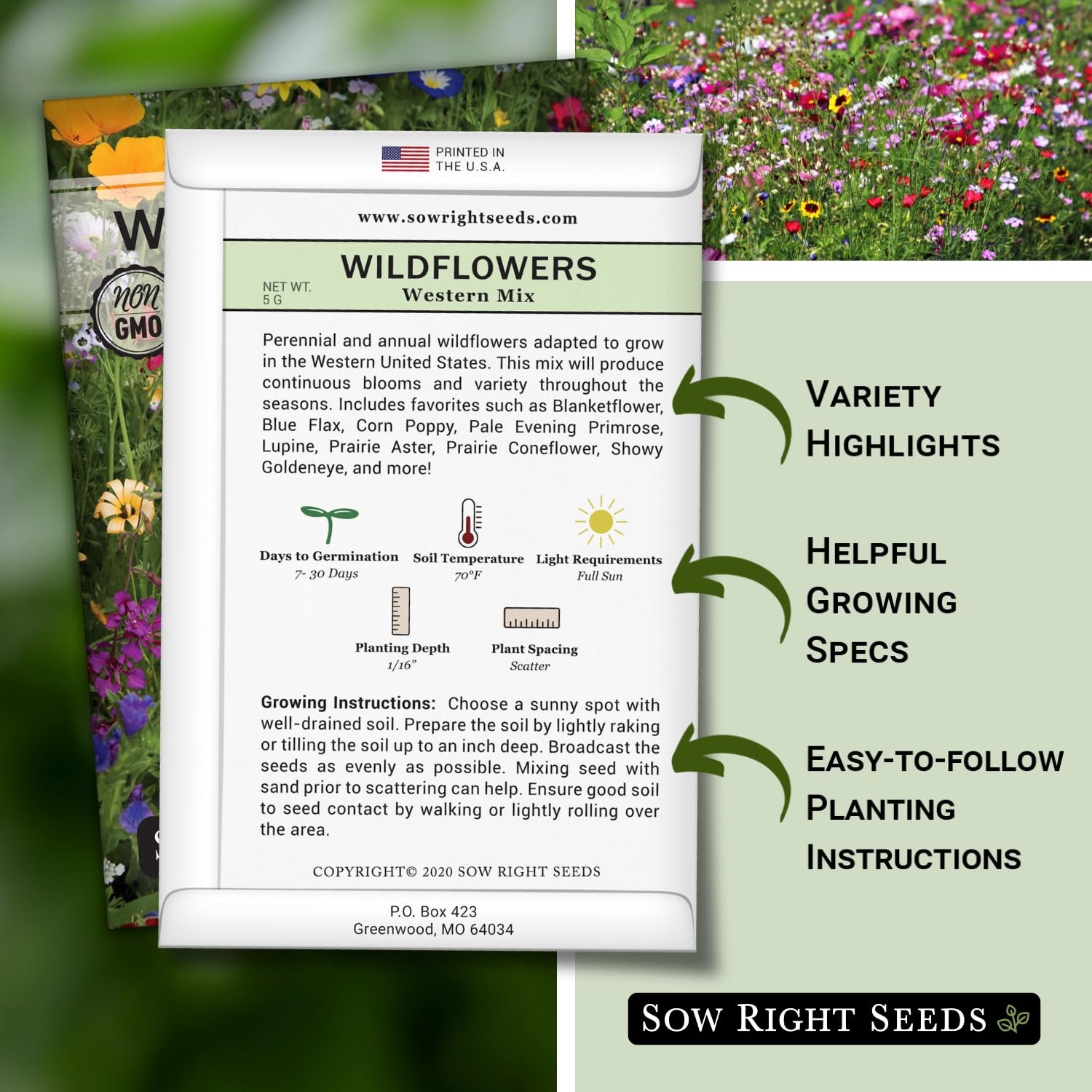 Sow Right Seeds – Wildflowers Mix for Planting in West – Non-GMO mix