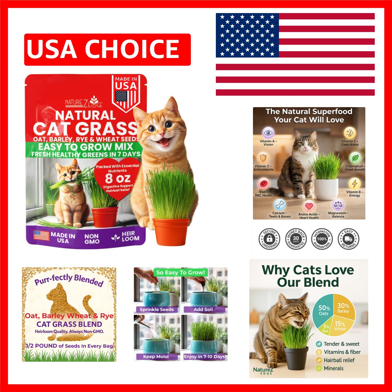 Pet-Friendly Cat Grass Seeds – 1/2 lb Naturally Grown Oat, Wheat, Barley, Rye