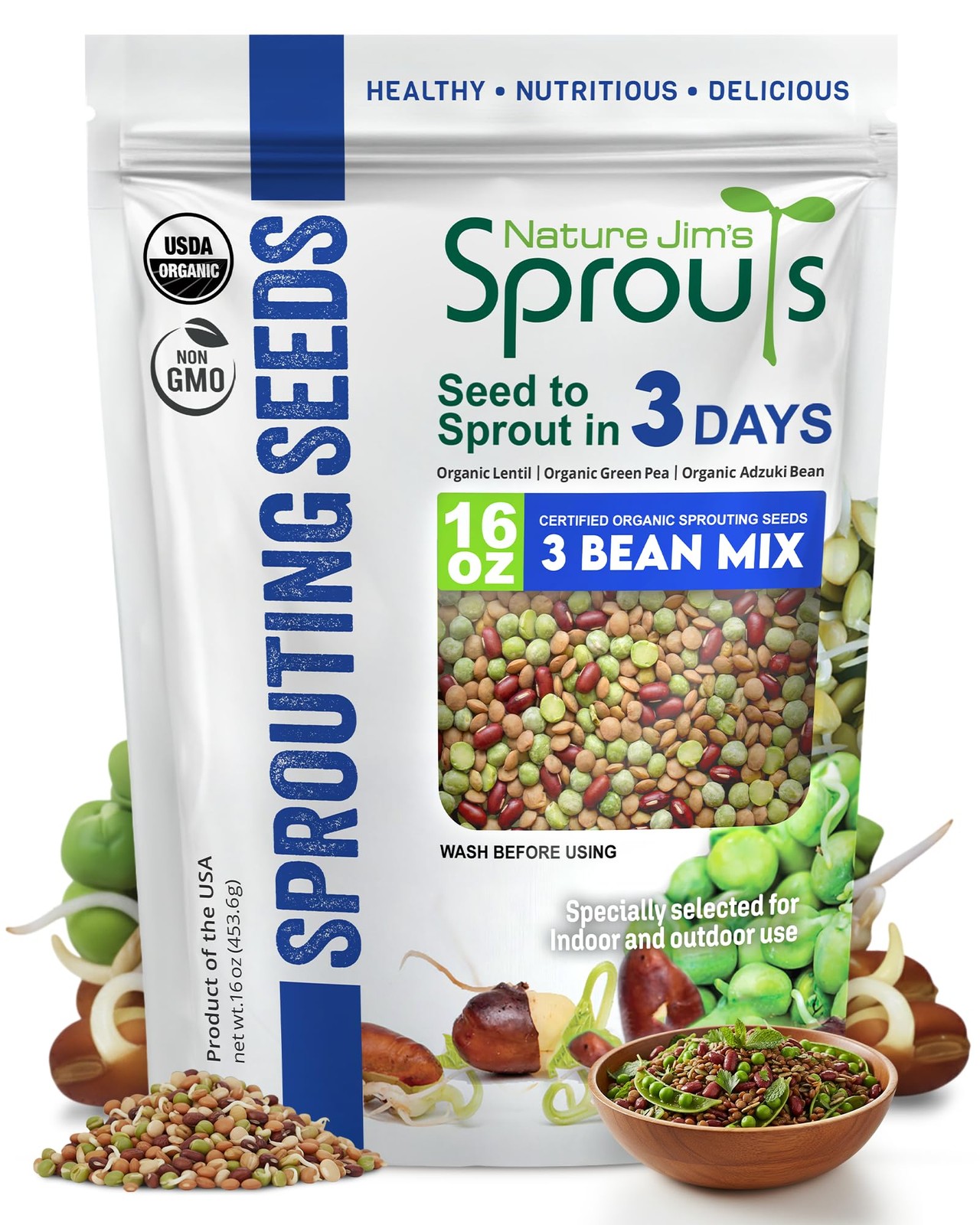 Organic 3-Bean Seed Mix for Planting – Non-GMO Microgreen Sprout Seeds 16 Oz