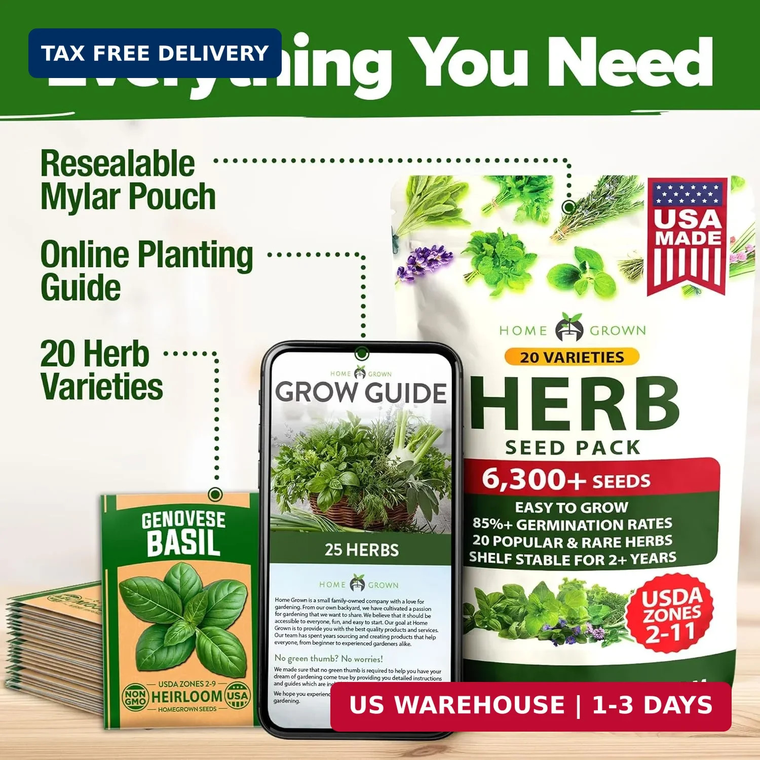 HOME GROWN Premium Herb Seeds Variety Pack – 20 Heirloom Herb Seeds for Planting