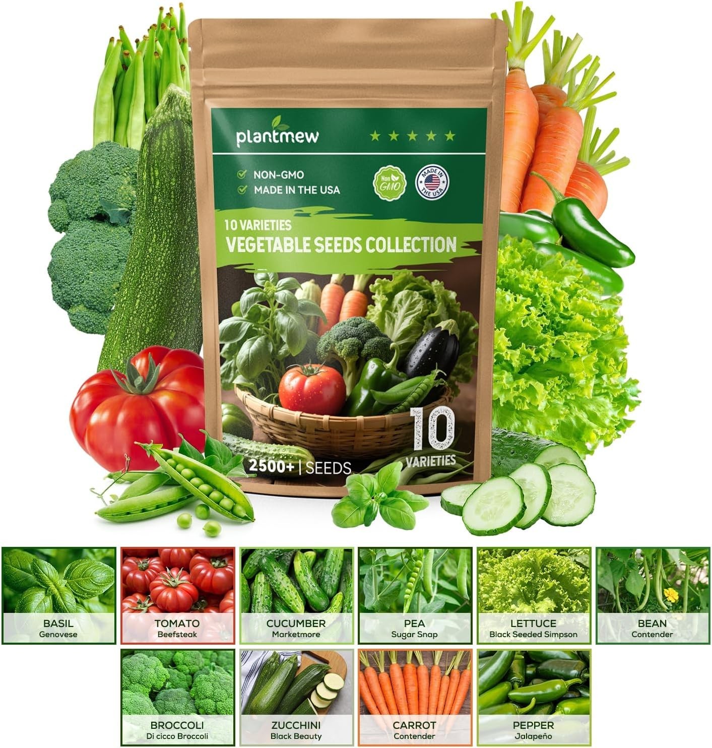 10 Vegetable Seeds Pack – Non GMO, Heirloom – Basil, Snap Pea, Broccoli, Bean…