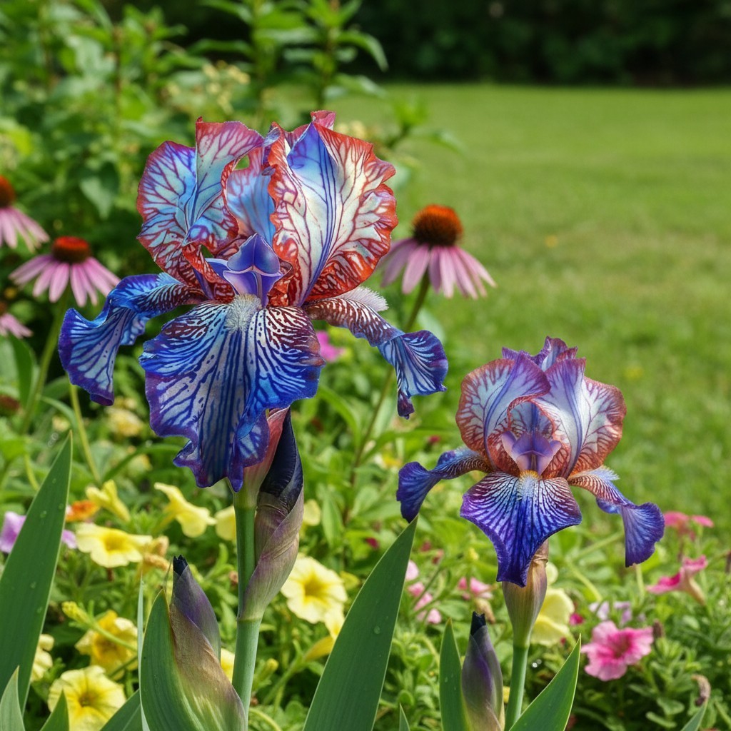 50 Bearded Iris Seeds – Red Blue White Veined Rare Blooms