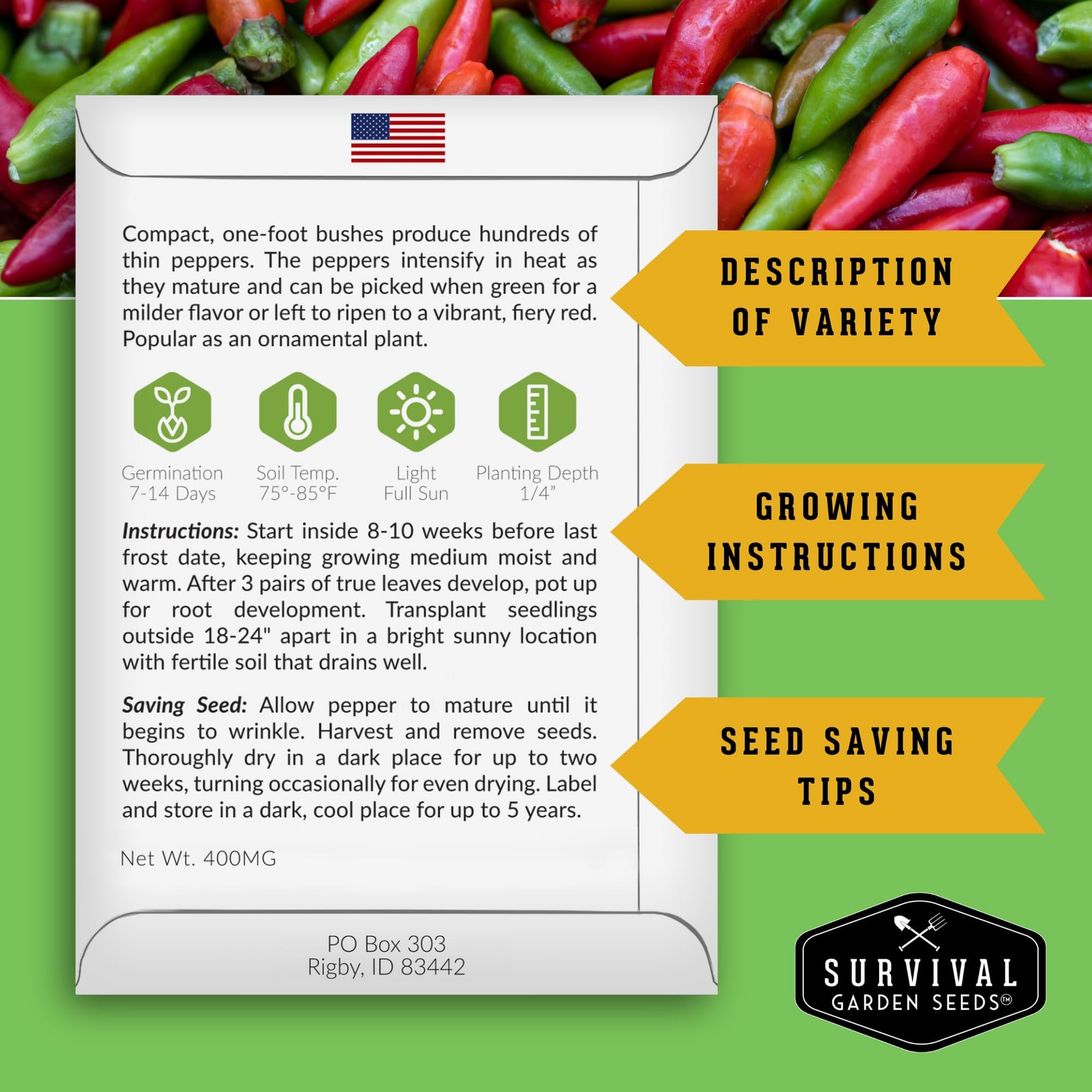 Thai Chili Pepper Seeds – Bird’s Eye Heirloom Non-GMO Hot Peppers for Gardens