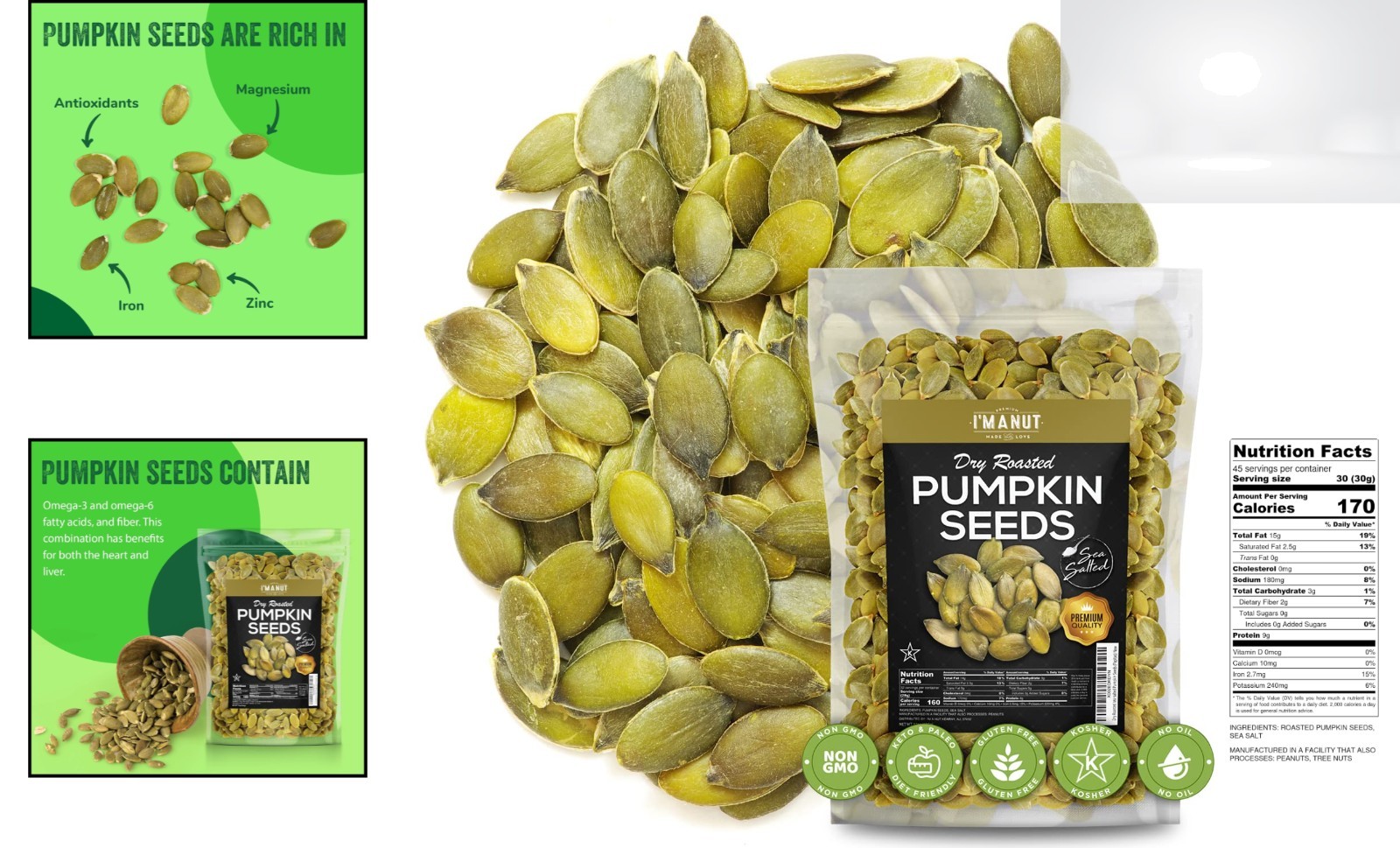 Pumpkin Seeds Roasted 1lb Sea Salted Gluten Free Keto Kosher Healthy Snack