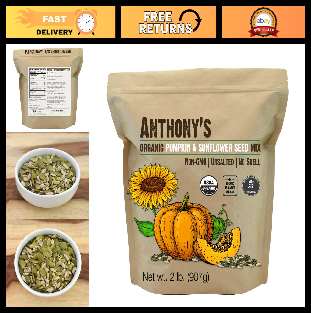 Organic Pumpkin & Sunflower Seed Mix 2 lb – Gluten Free, Unsalted, Non-GMO Snack
