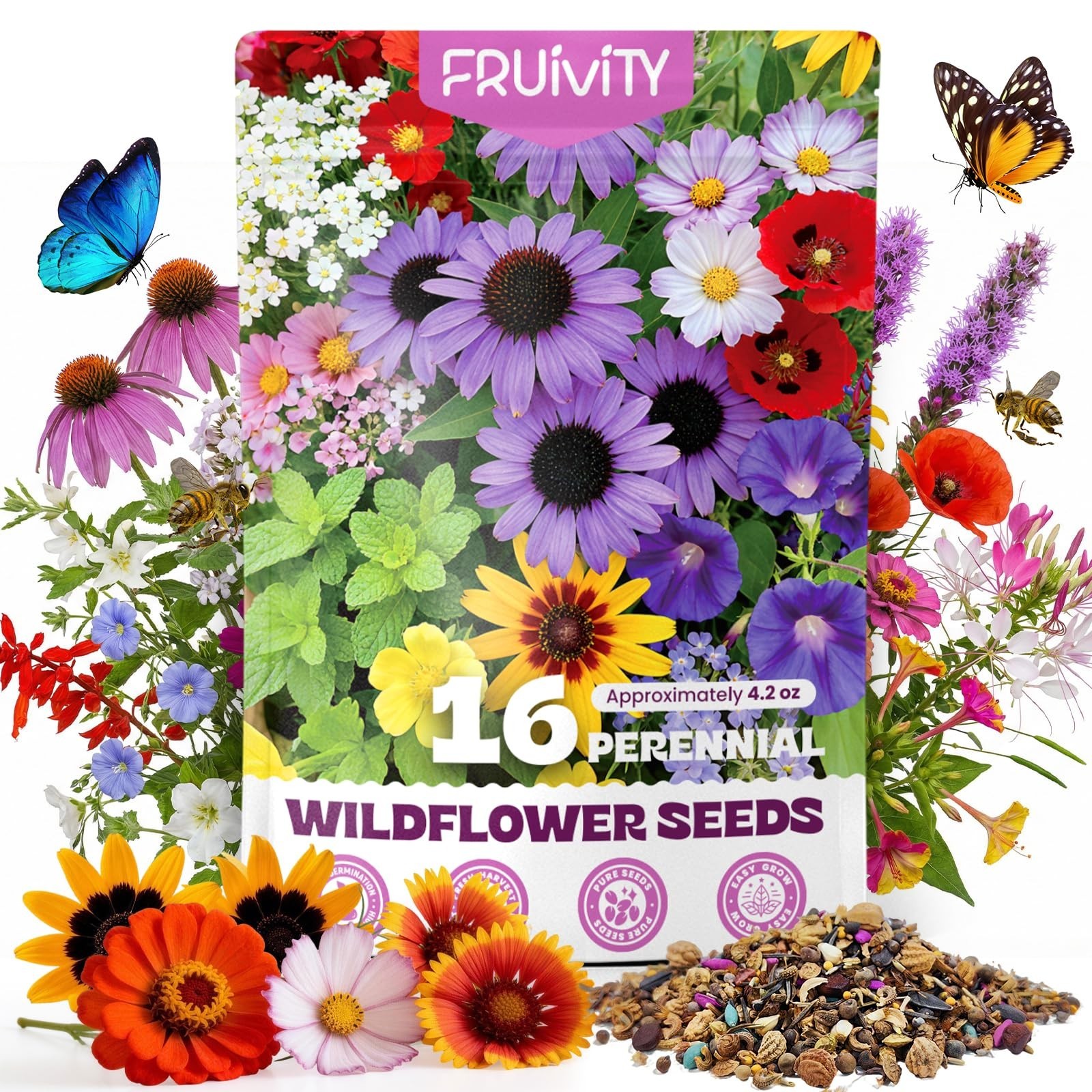 200,000+ Wildflower Seeds Bulk (4oz) – 16 Varieties, Attract Bees & Butterflies,