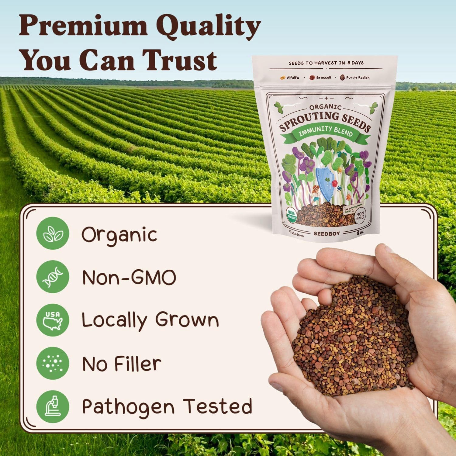 Organic NonGMO Sprouting Seeds Mix for Immune Health 8 oz Bag, 32 Servings