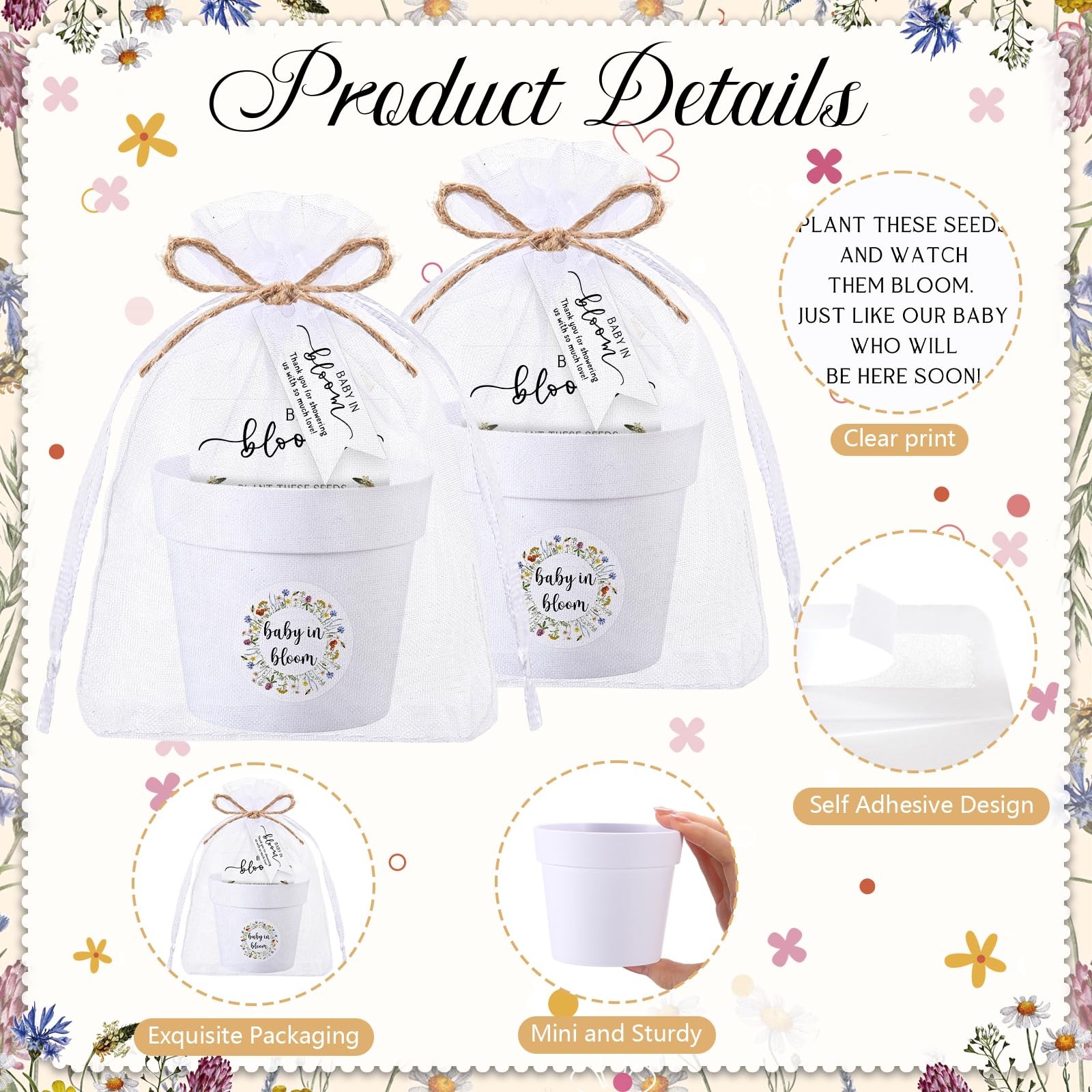 25 Sets Baby Shower Seeds Favors for Guests Mini Plastic Pots Kraft Wildflowe…