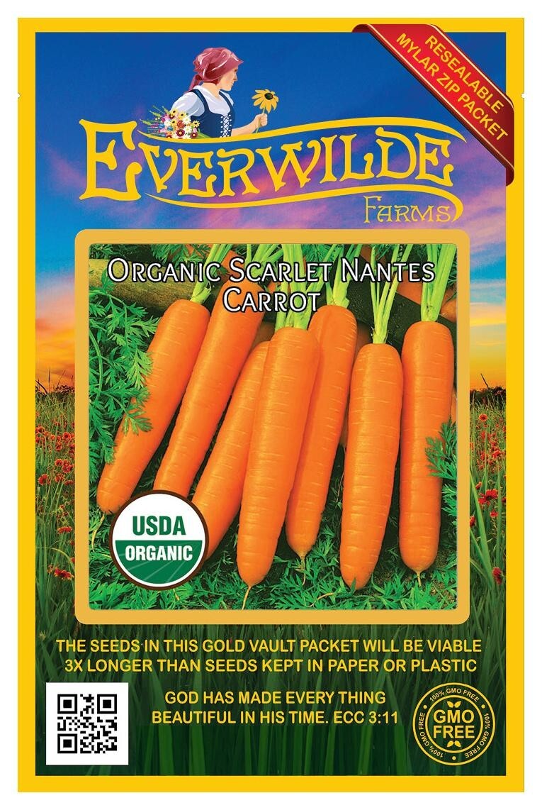 1000 Organic Scarlet Nantes Carrot Seeds – Everwilde Farms Mylar Seed Packet