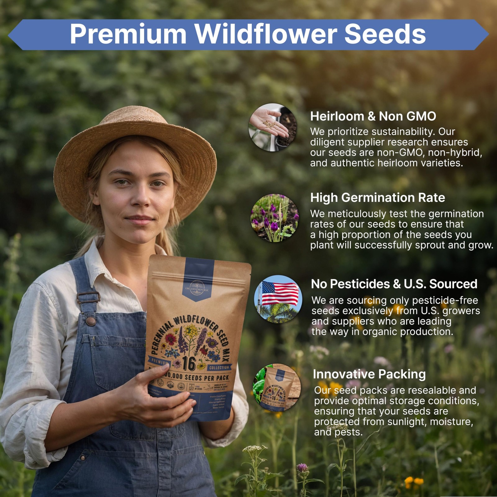 Organo Republic 16 Perennial Wildflower Seeds Mix for Indoor & Outdoors 1000 Non