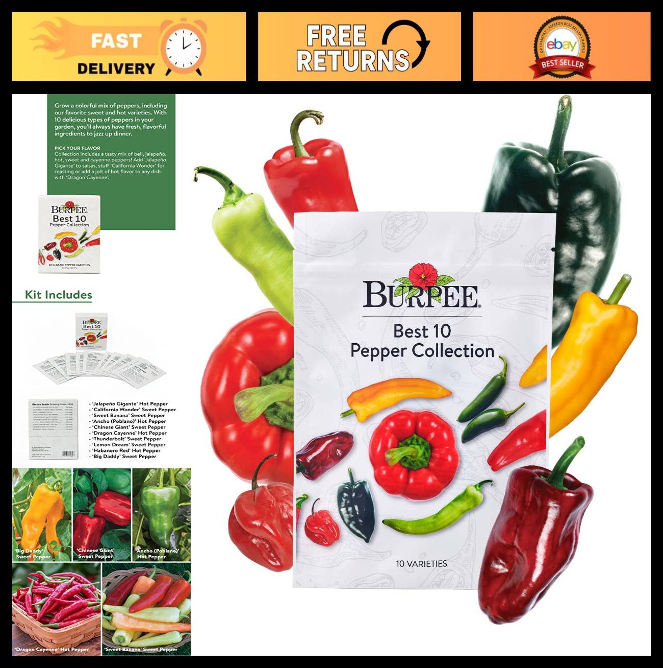10 Non-GMO Pepper Seed Packets – Jalapeno, Bell & Sweet Varieties for Planting