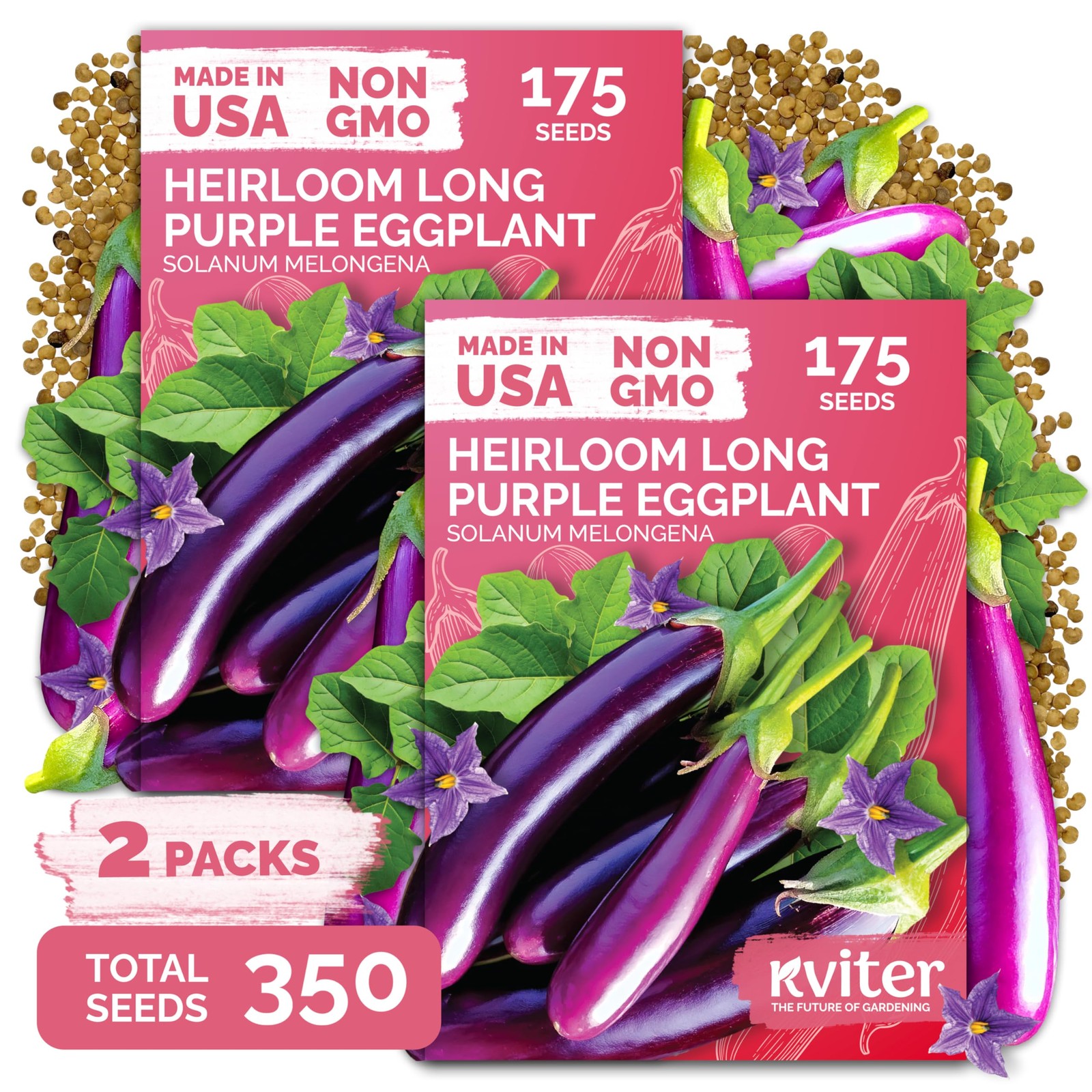KVITER 350 Long Purple Eggplant Seeds (Solanum Melongena), 2 Pack