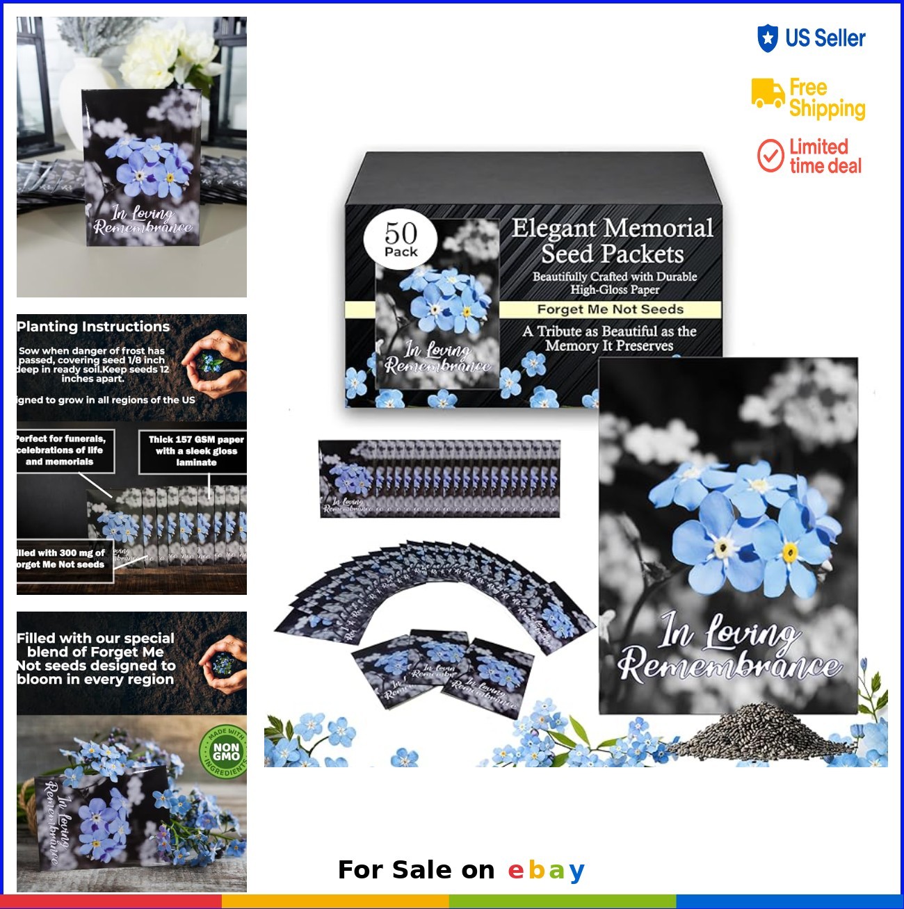 Forget Me Not Seed Packets 50 Pre-Filled Memorial Favors Funeral Keepsakes