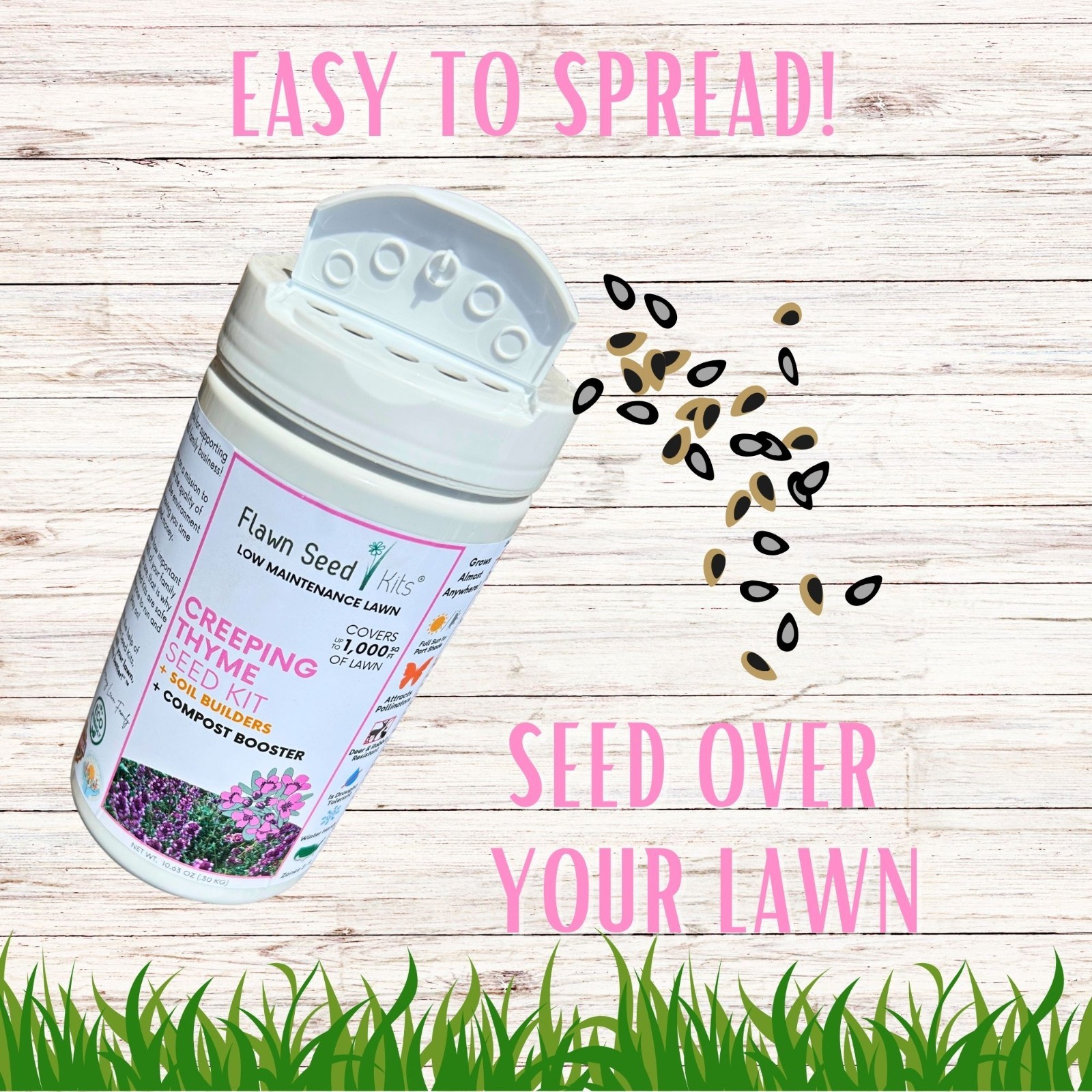 Flawn Seed Creeping Thyme, Easy Spread Shaker, Pollinator Friendly, Ground Cover