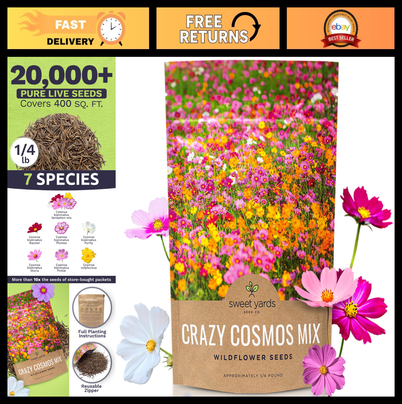 Wildflower Seed Mix – Bulk 1/4 lb Bag – 20,000+ Colorful Seeds for Garden