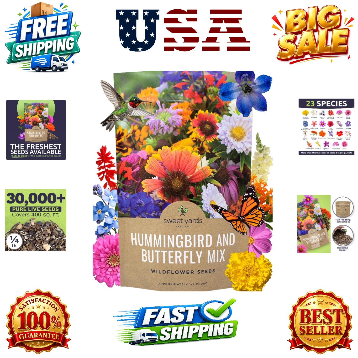 Bulk Wildflower Seeds Butterfly and Humming Bird Mix – 1/4 Pound Bag – Over 3…