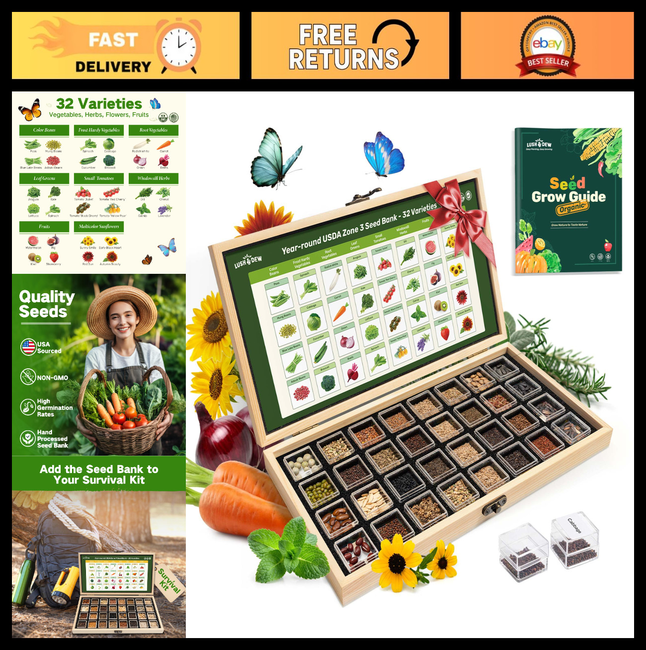 32 Non-GMO Heirloom Seed Varieties for Gardening – Survival Seed Kit, Gifts for
