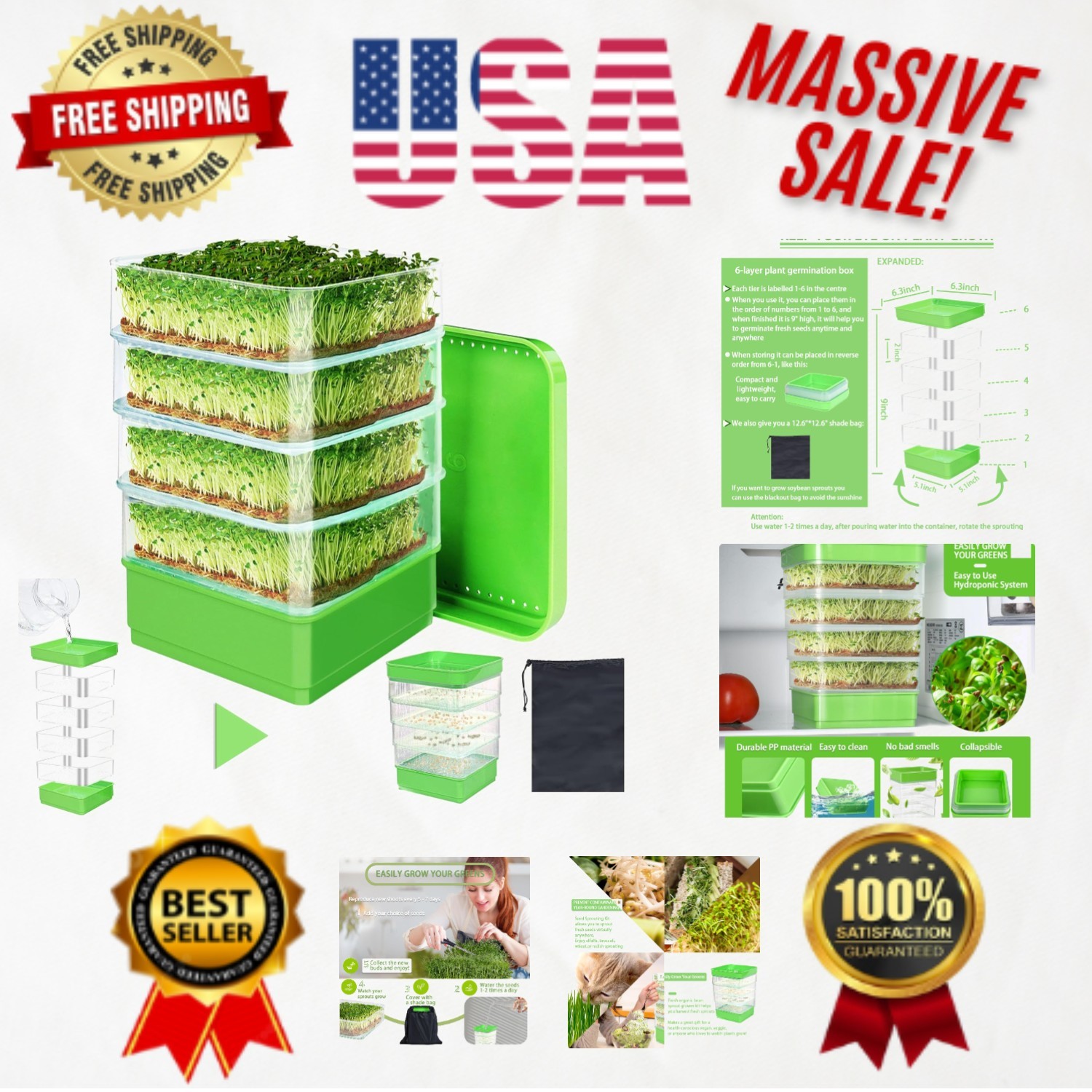 Upgrade Soil-Free Seed Sprouting Tray – Multi-Tier Organic Bean Sprouter Kit