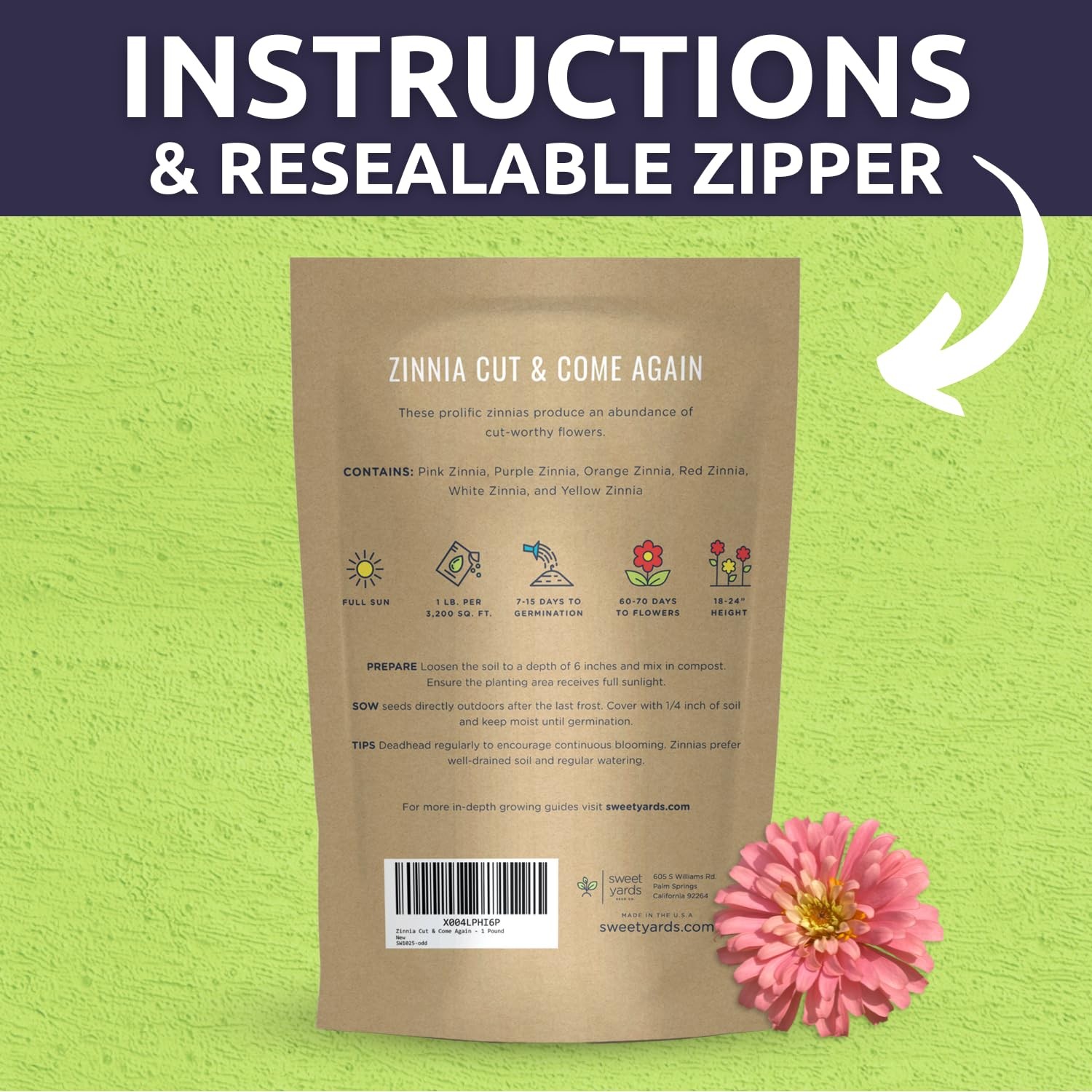 Zinnia Cut & Come Again Mix – Bulk 1 Pound Pouch – 60,000 1 Pound, Mixed