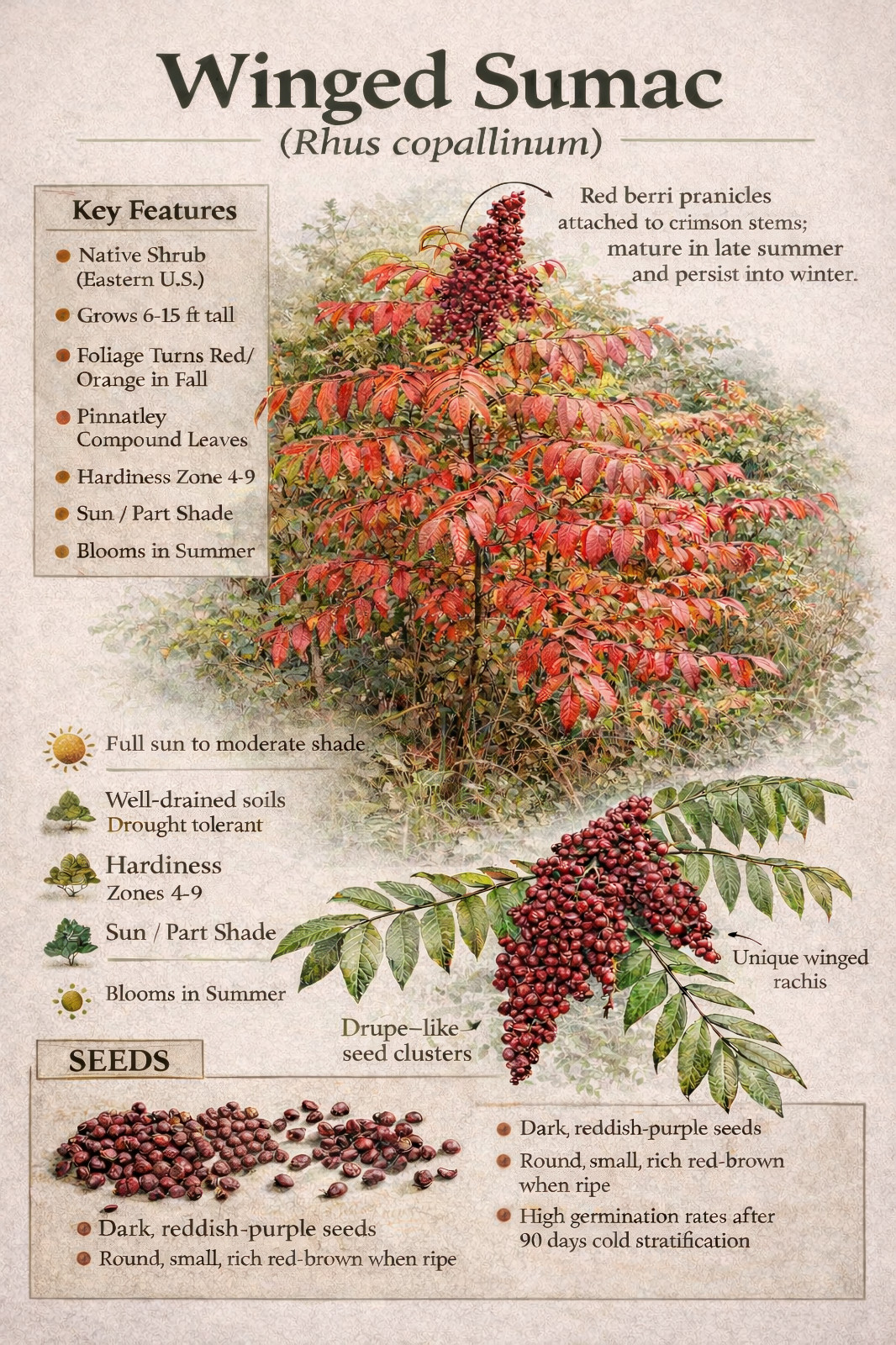 3000 Flameleaf Winged Sumac Seeds (Rhus copallinum) – Bulk Pack – Zones 4-9 USA