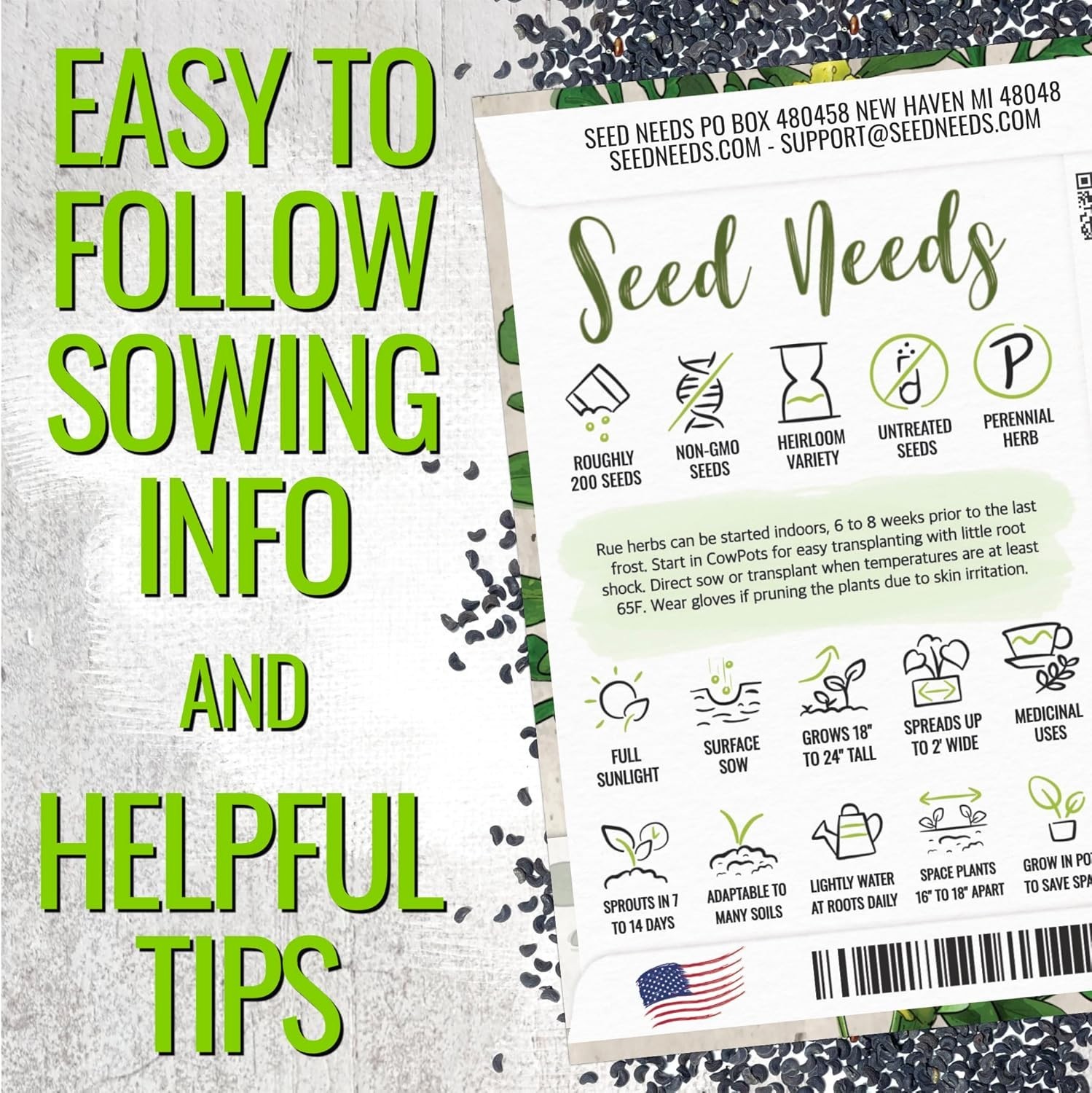 250 Non-GMO Rue Herb Seeds for Indoor/Outdoor Medicinal Gardening – 2 Packs