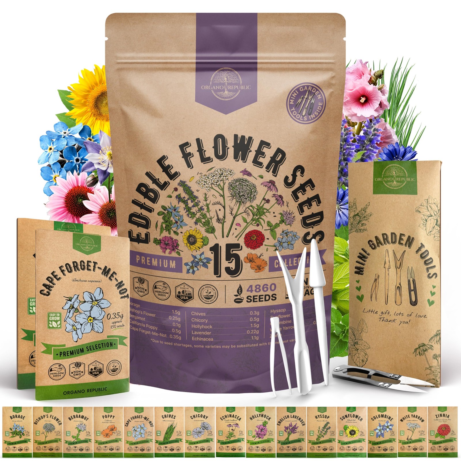 Organo Republic 15 Edible Flower Seeds Variety Pack for Indoor Outdoor Garden…