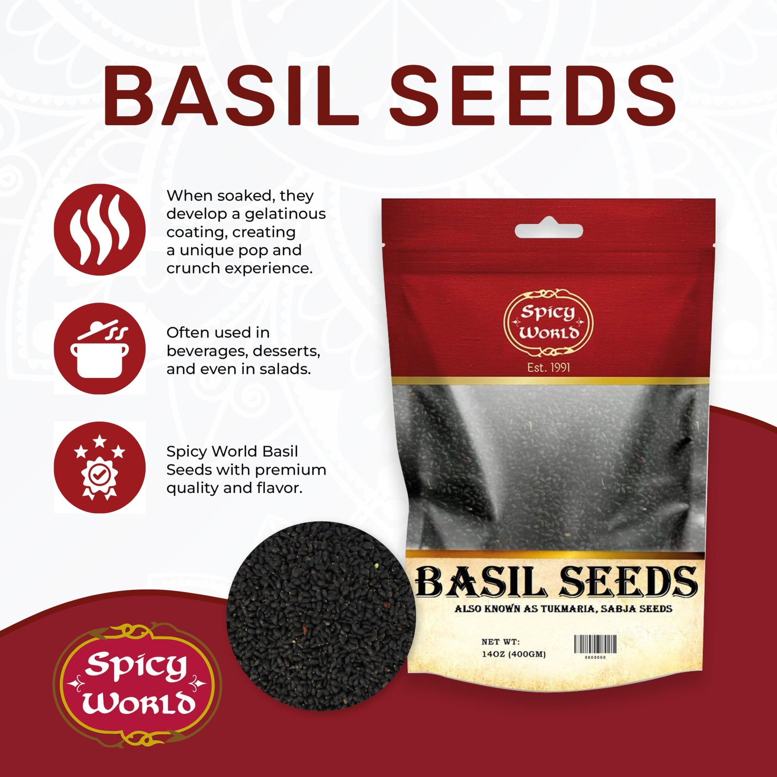 Basil Seeds 14 Ounce Bag – Tukmaria, Sabja Seeds – Used in Falooda & Ayurveda