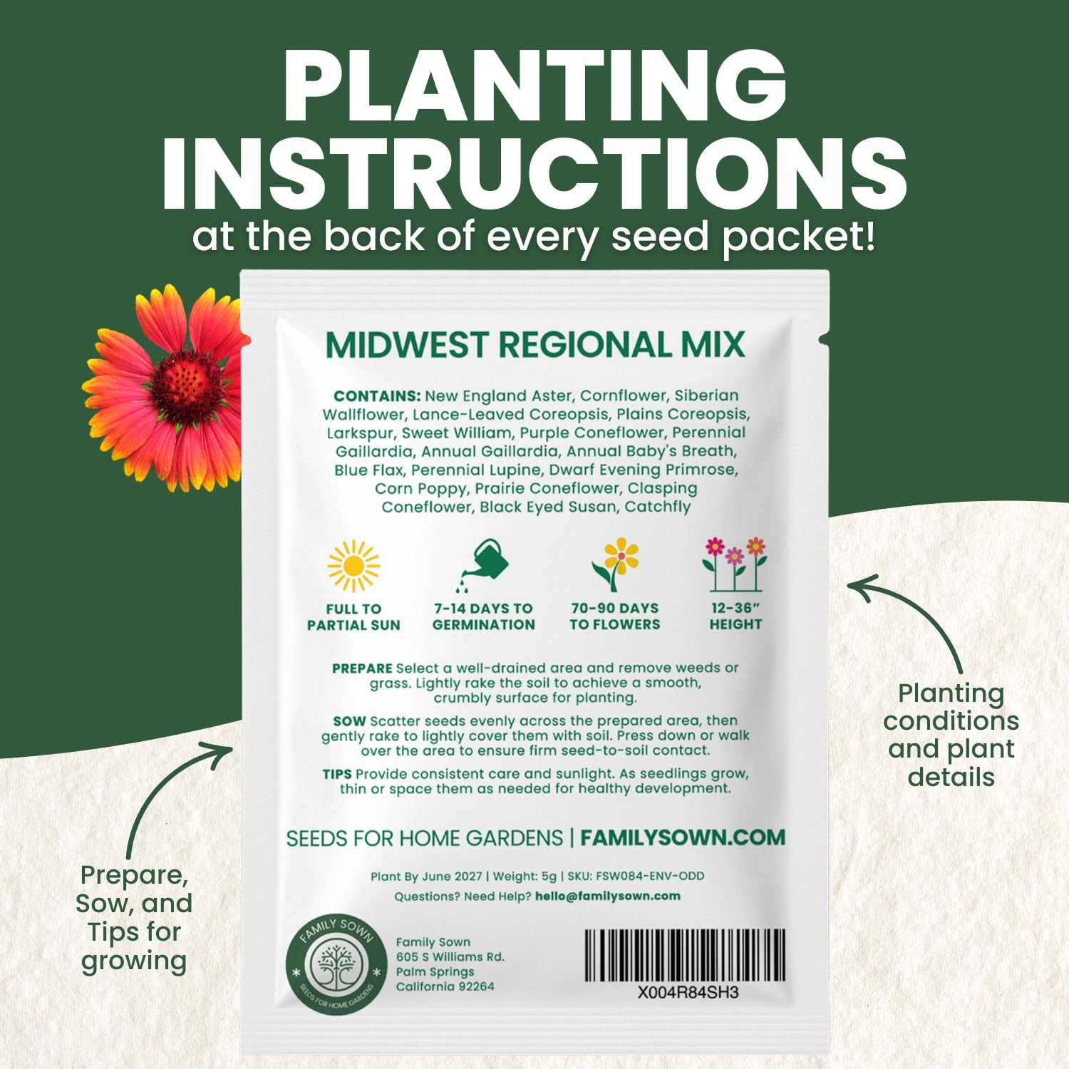 Midwest Regional Wildflower Seeds – 2,500 Seeds, 5 Gram Pouch – Native Blend
