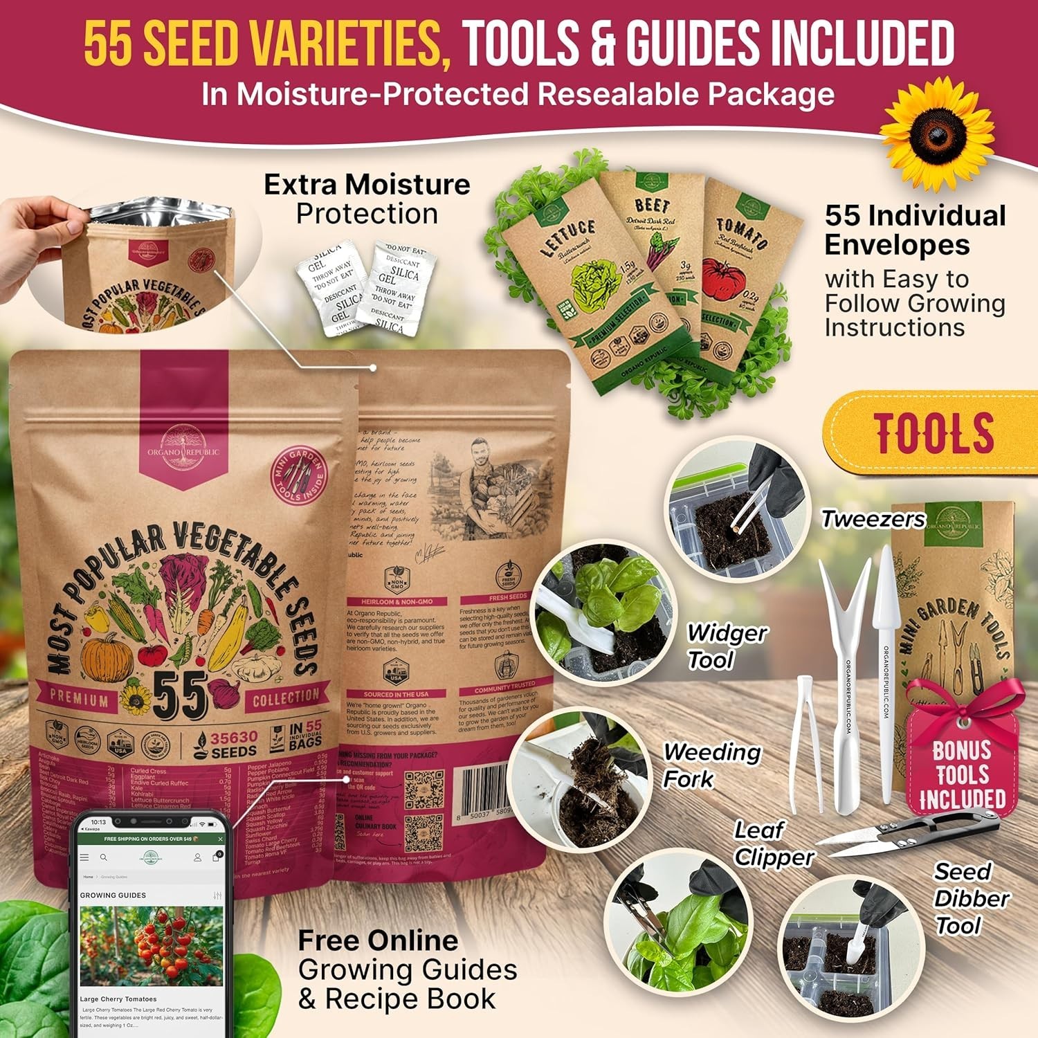 55 Vegetable Seeds Variety Pack – 35,600+ Non-GMO Heirloom Seeds for Planting Ve