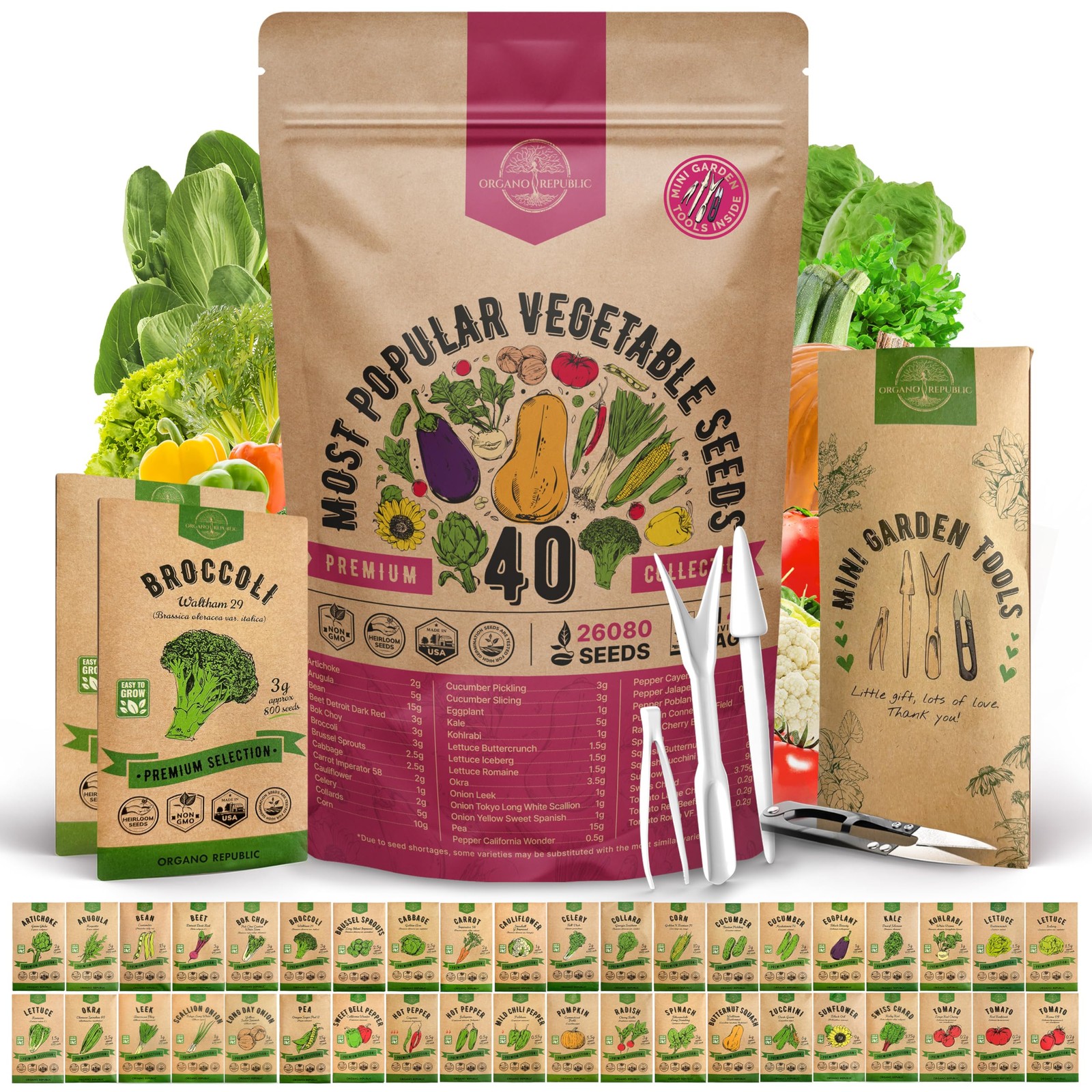 Organo Republic 40 Vegetable Seeds Variety Pack 26000 Non GMO Heirloom Seeds…