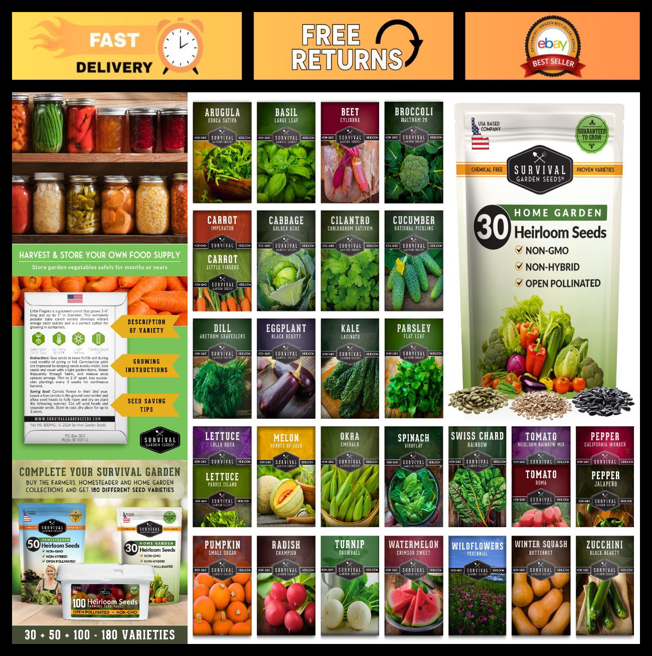 30 Variety Vegetable Seed Pack – Heirloom Non-GMO Seeds for Garden & Survival Ki