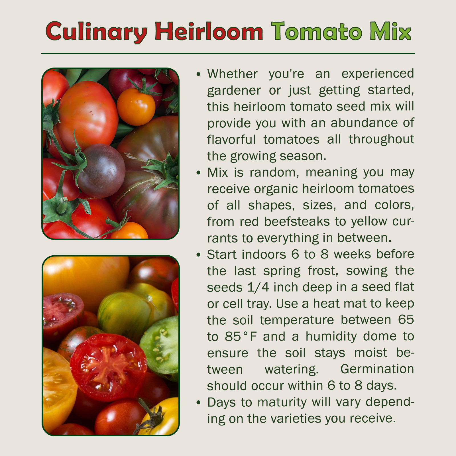 Culinary Heirloom Tomato Seed Mix, Organic, Non-GMO, Genuine USA