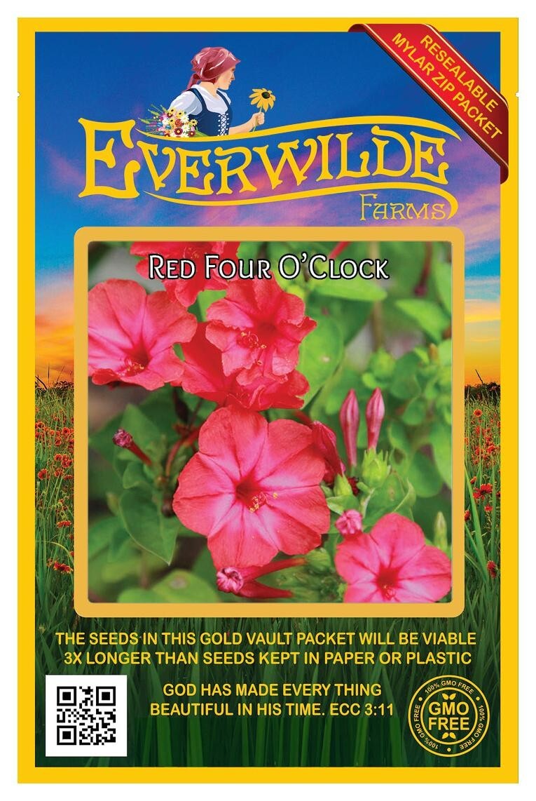 50 Red Four O’Clock Wildflower Seeds – Everwilde Farms Mylar Seed Packet