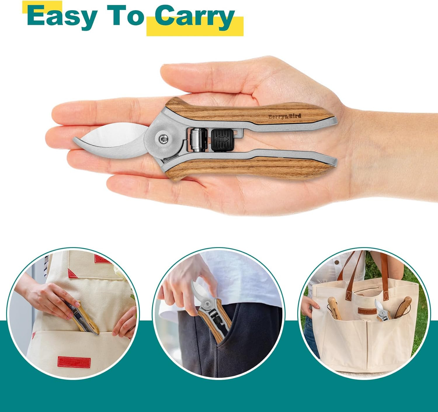 Berry& Mini Pruning Shears for Gardening Curved Blades Hand Pruners with Wooden