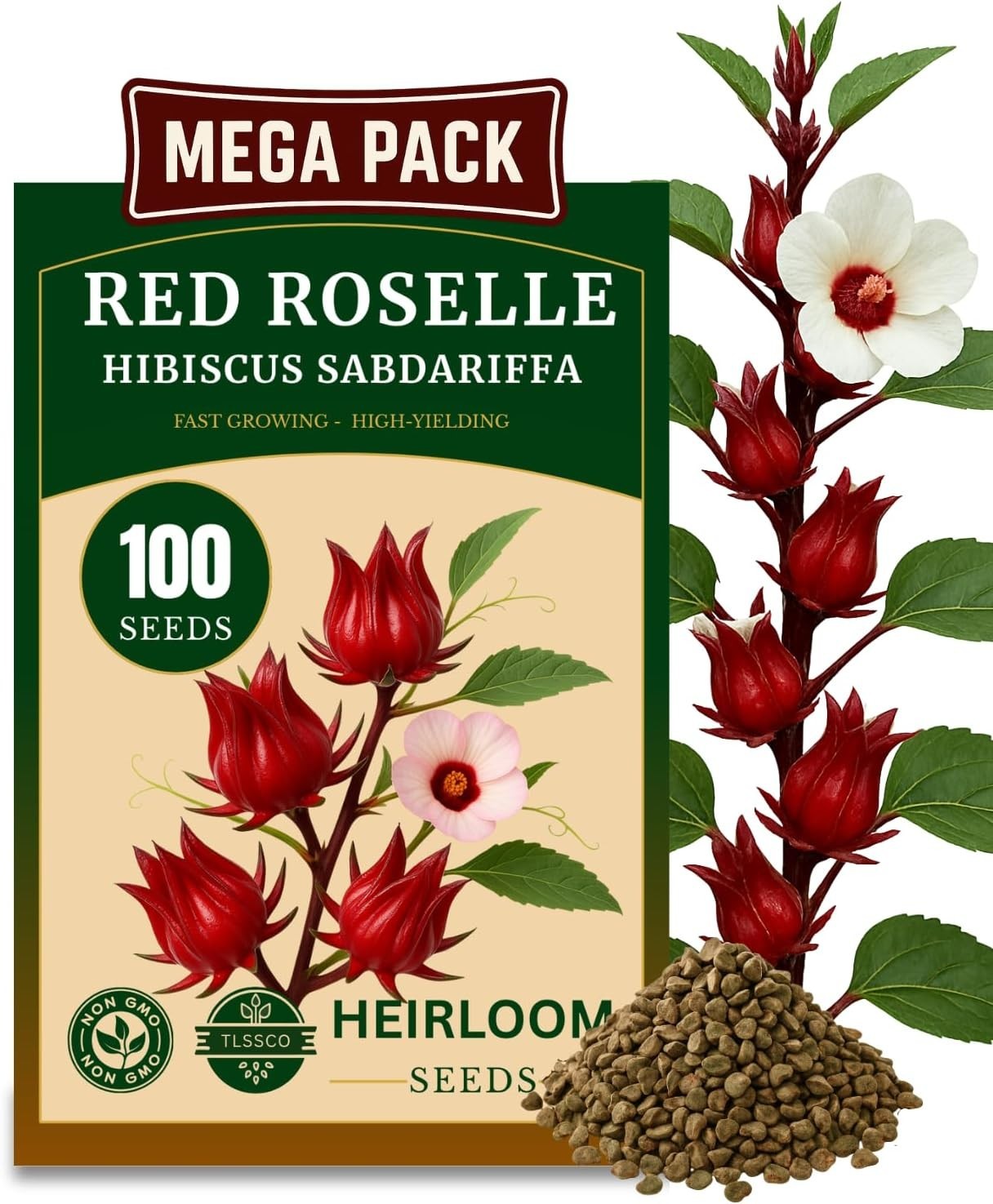 100+ Non-GMO Red Roselle Seeds for Fast-Growing Hibiscus Flowers