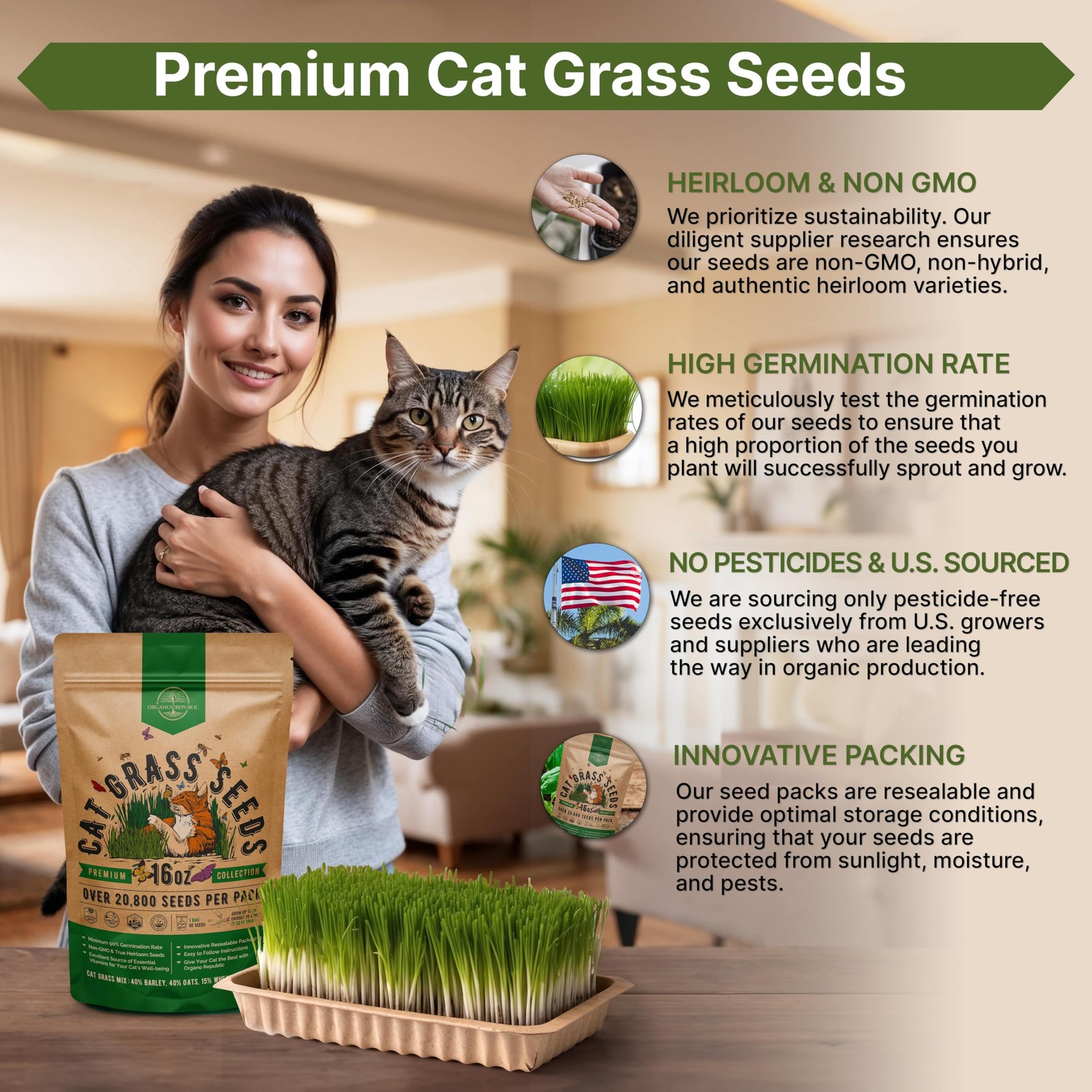 Cat Grass Seeds Mix – 20,800 Non-GMO Heirloom Seeds for Cats & Pets, 16 oz Pa…
