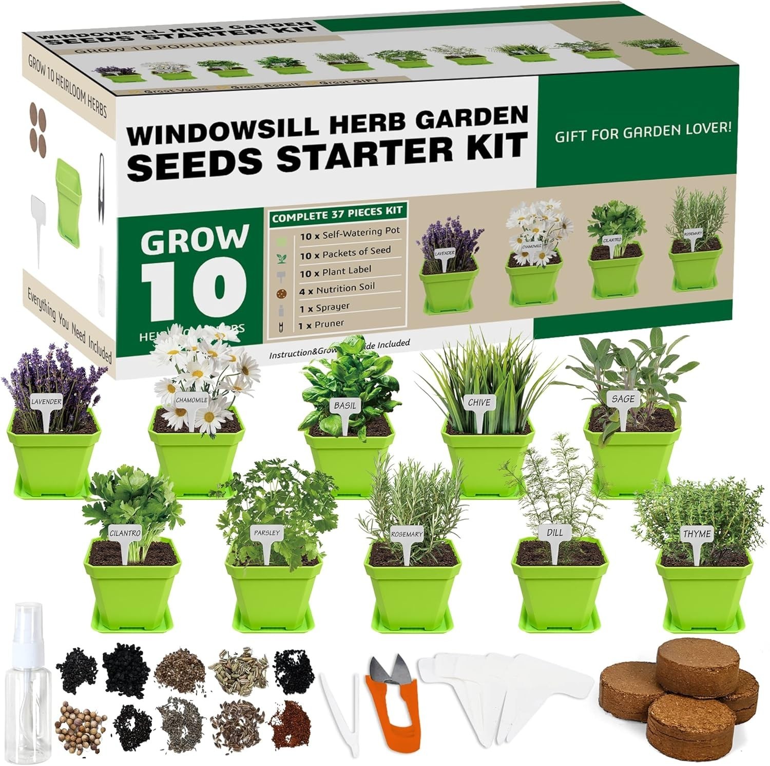 10 Herb Seeds Garden Starter Grow Kit with Green Pots, Markers, Nutritional S…