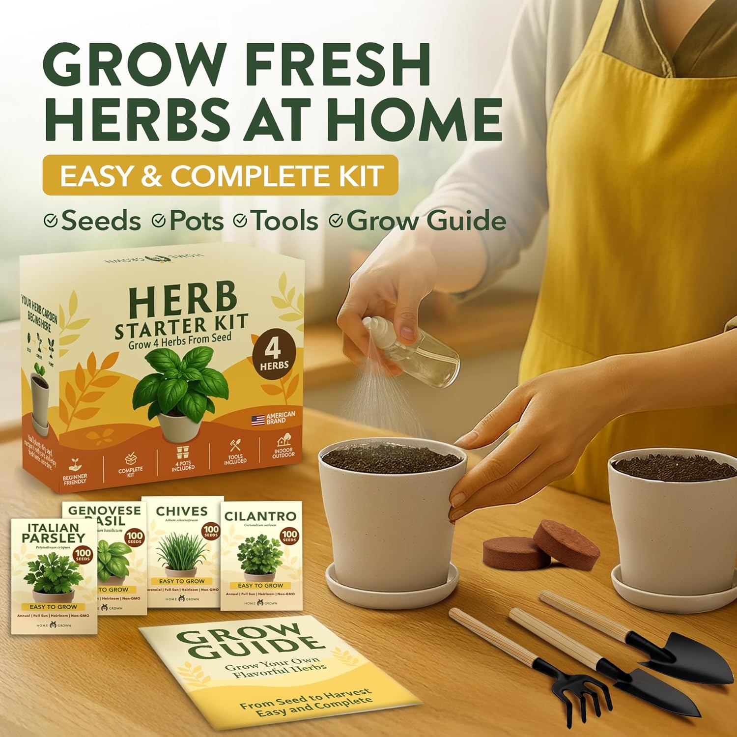 Herb Garden Starter Kit Indoor Grow Set w Pots Soil Seeds Tools