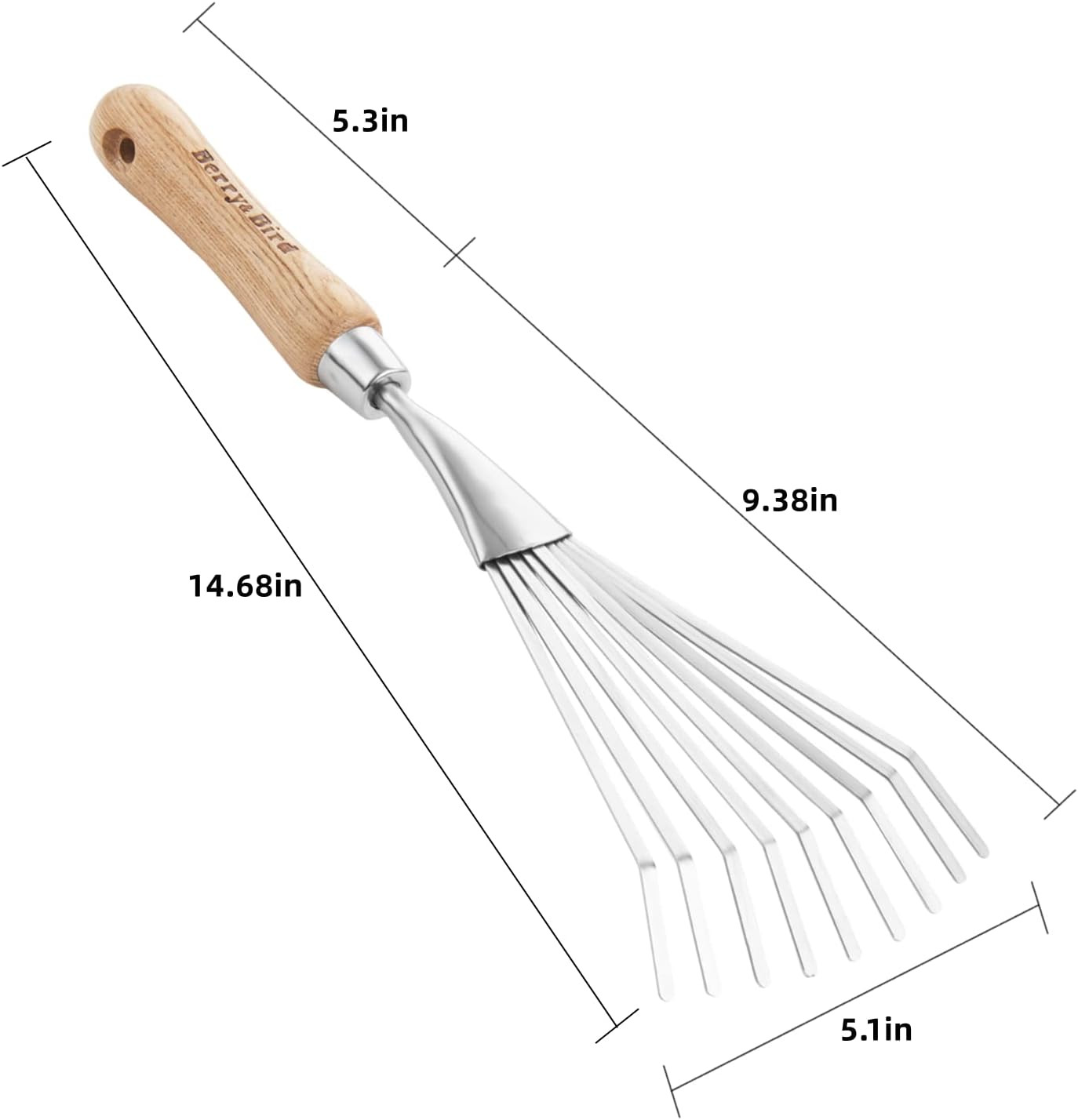 Gardening Hand Shrub Rake, 14.7″ Stainless Steel Grass Rake, 9 Tines Fan Lawn Le