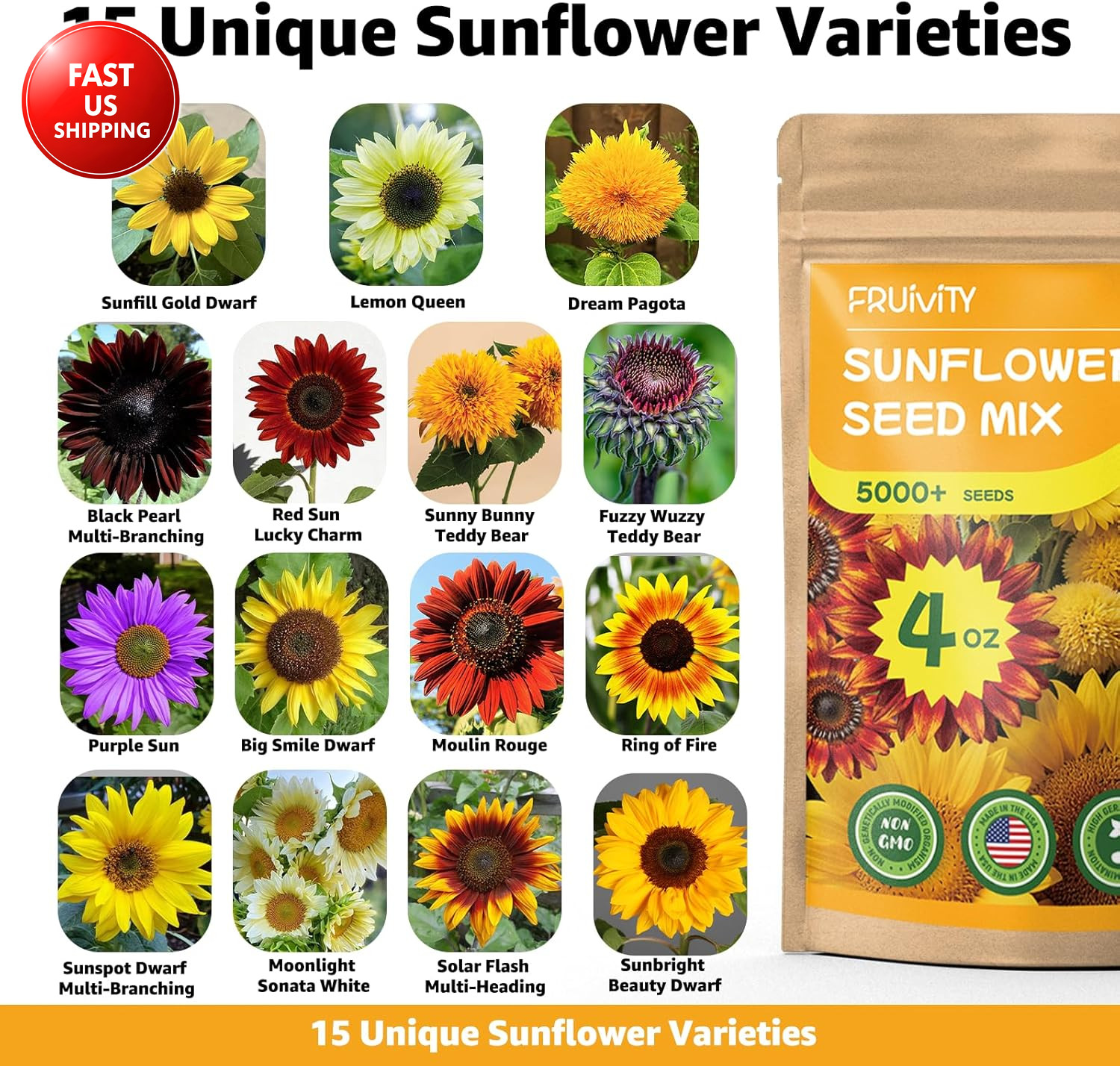 15+ Varieties 5000+ Sunflower Seeds for Planting, 4 Oz Heirloom Non-Gmo Sunflowe